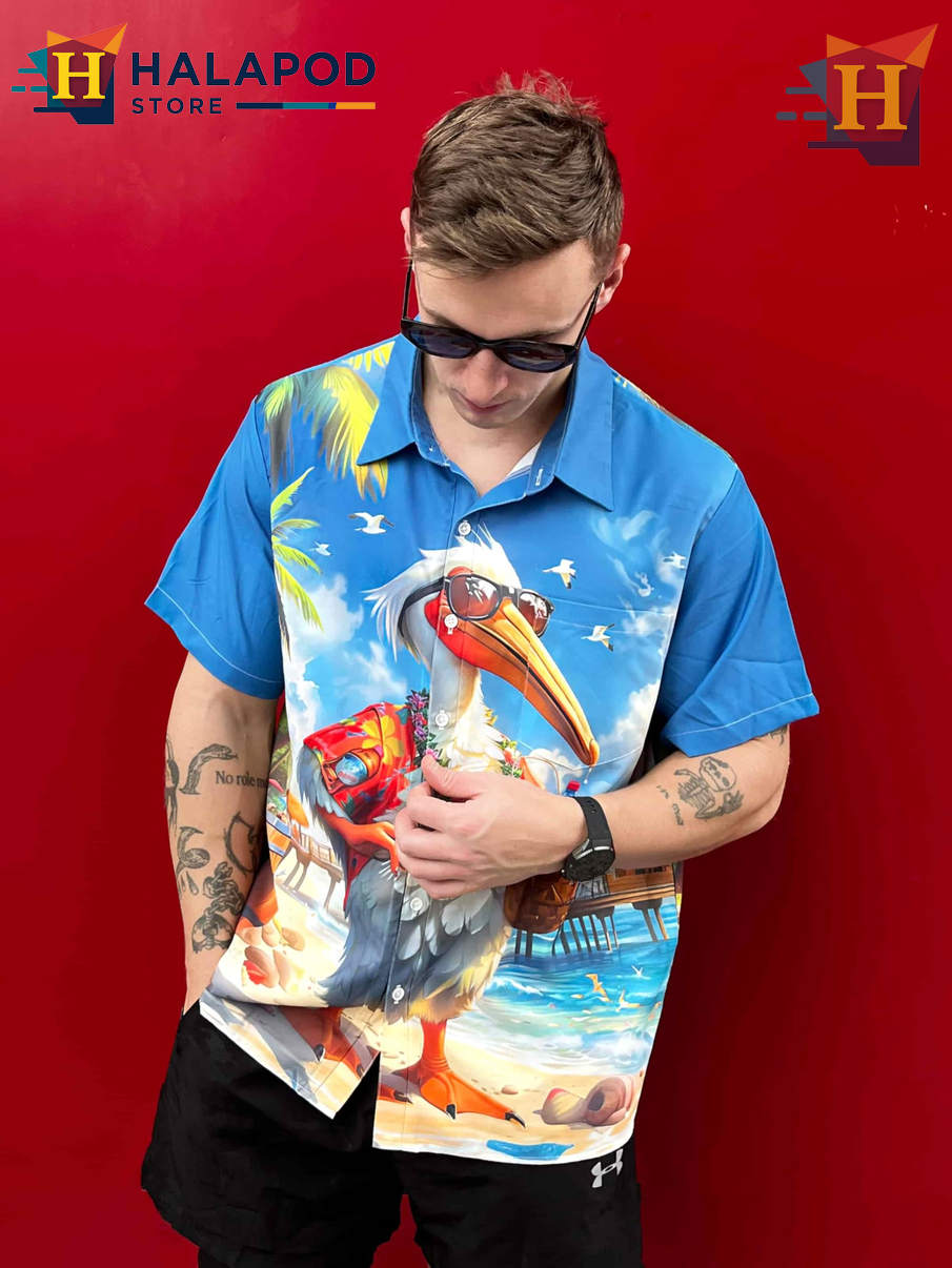 Funny Pelican Aloha Shirt Bold Graphic Tropical Casual Beach Mens Shirt