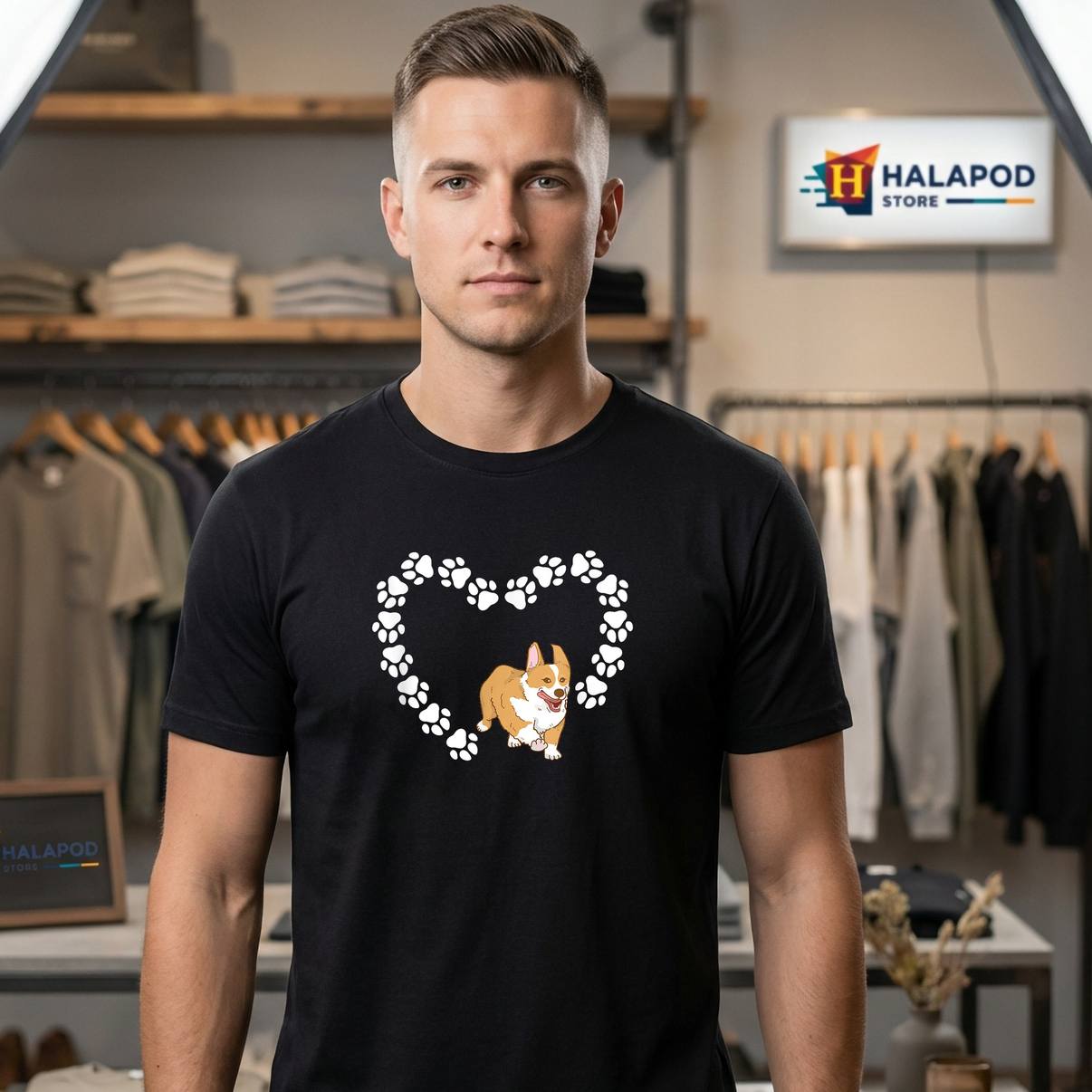 Funny Pet Paw Heart Corgi Tee Shirt Dog Lover Graphic Design Apparel For Men