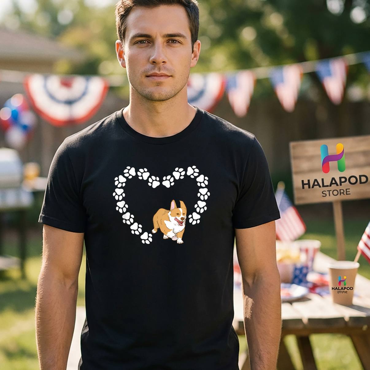 Funny Pet Paw Heart Corgi T-Shirt Dog Lover Graphic Design Apparel For Men