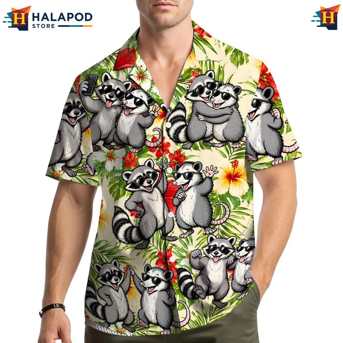Funny Raccoon Aloha Shirt, Multicolor Tropical Summer Shirt With Sunglasses And Flowers