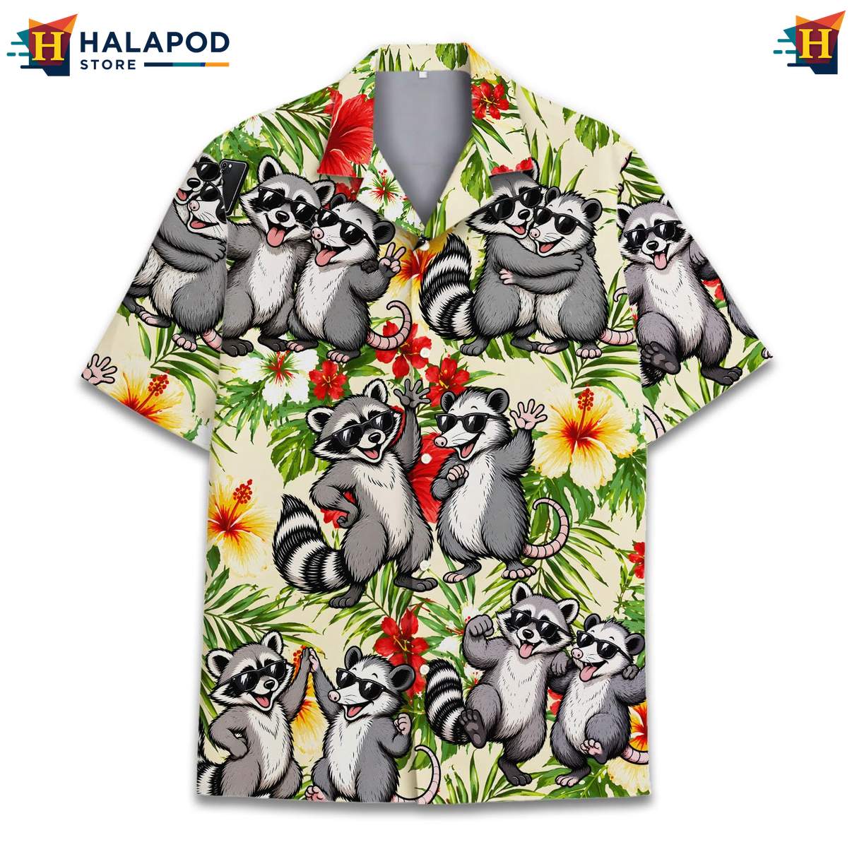 Funny Raccoon Aloha T-Shirt, Multicolor Tropical Summer Shirt With Sunglasses And Flowers