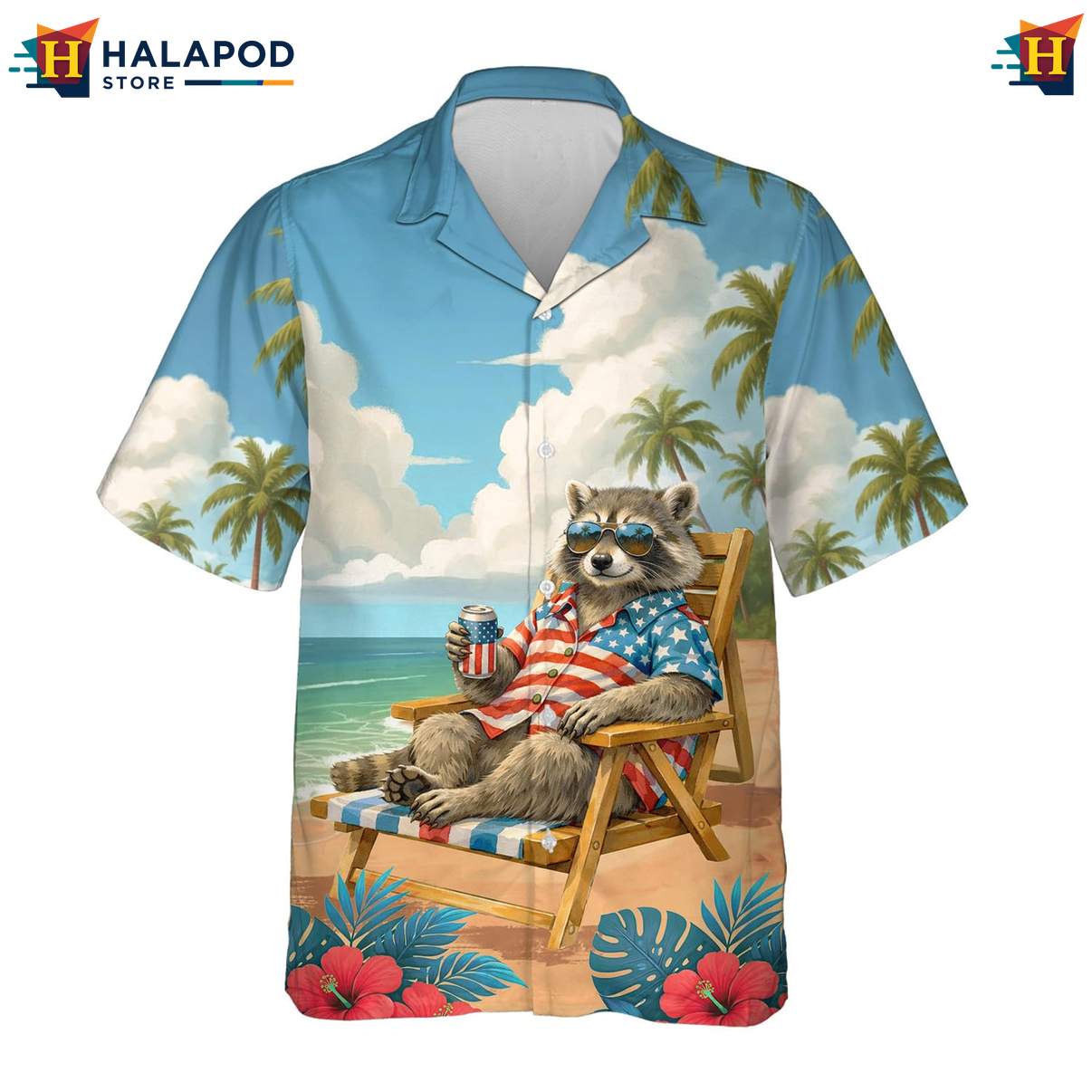 Funny Raccoon Aloha T-Shirt, Usa Flag Tropical Shirt For 4th Of July Celebrations