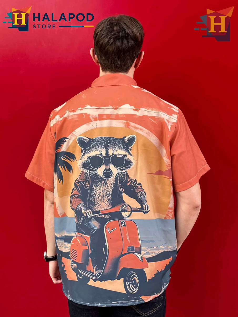 Funny Raccoon Hawaiian Shirt Bold Graphic Tropical Casual Beach Mens Shirt