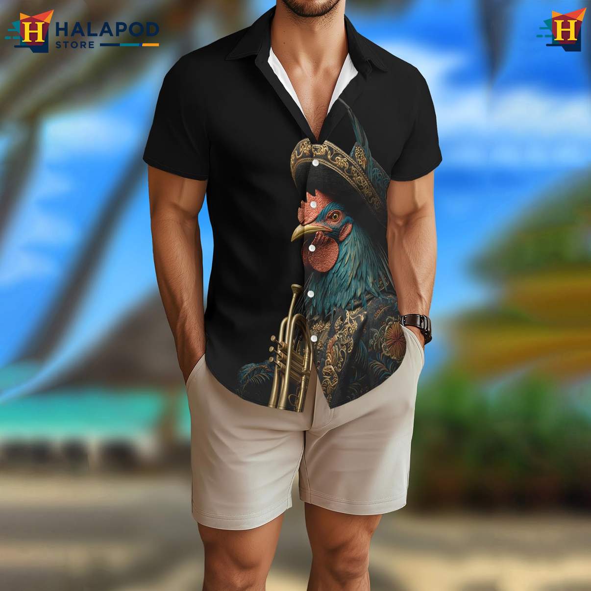 Funny Rooster Mens Retro Tropical Shirt Graphic Aloha Summer Party Shirts