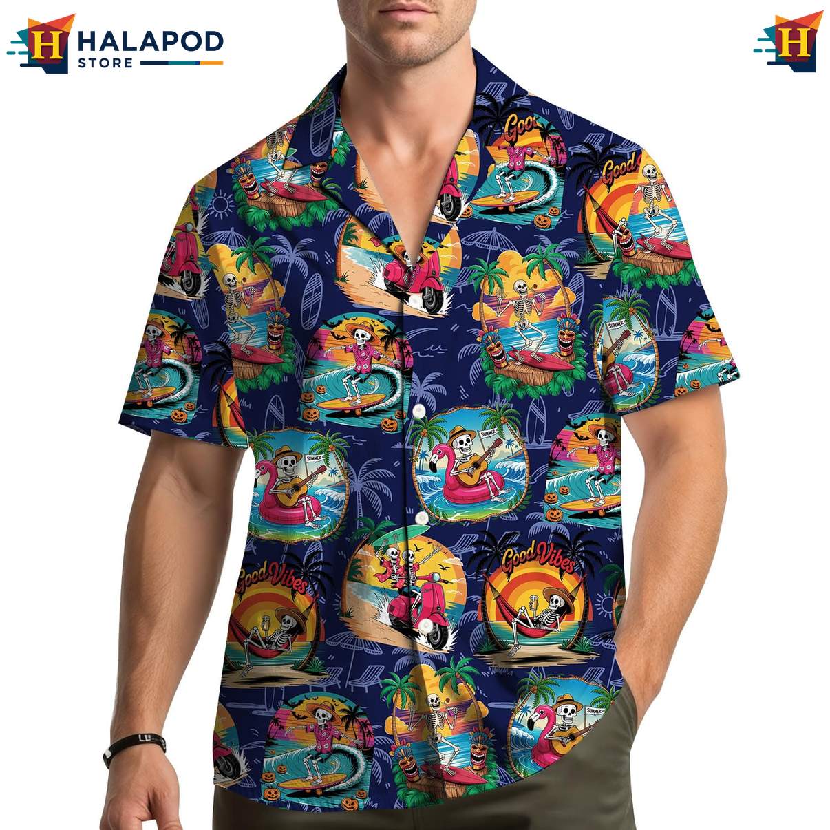 Funny Skeleton Aloha Shirt, Navy Cute Cat Summer Beach Button Down Shirt