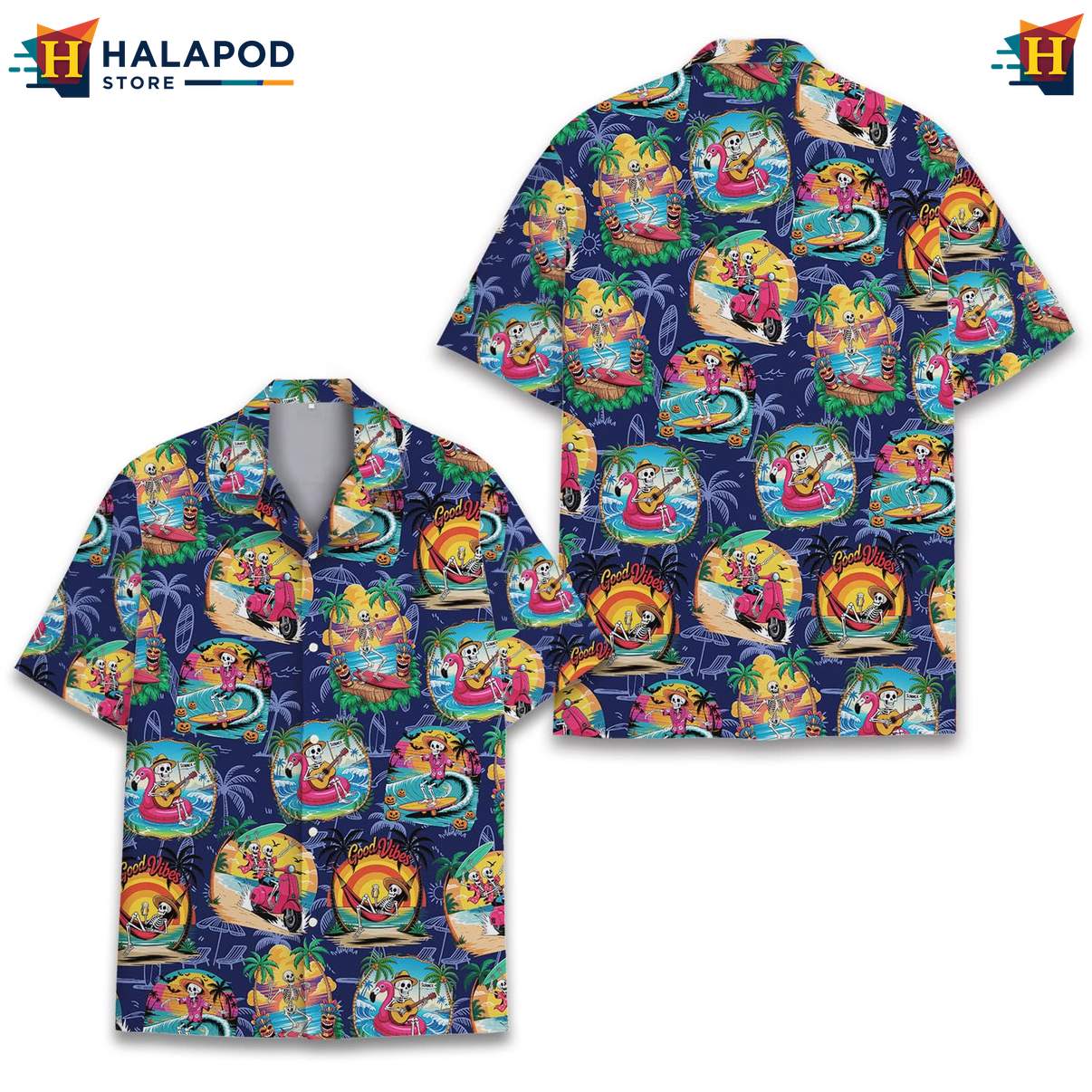 Funny Skeleton Aloha T-Shirt, Navy Cute Cat Summer Beach Button Down Shirt