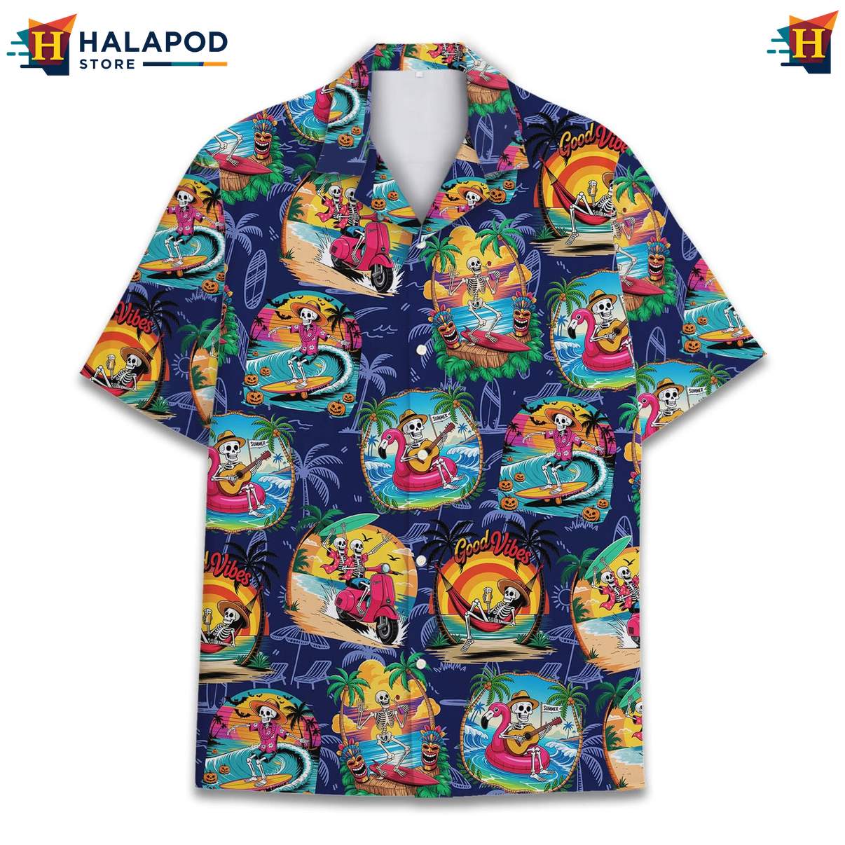 Funny Skeleton Aloha TShirt, Navy Cute Cat Summer Beach Button Down Shirt