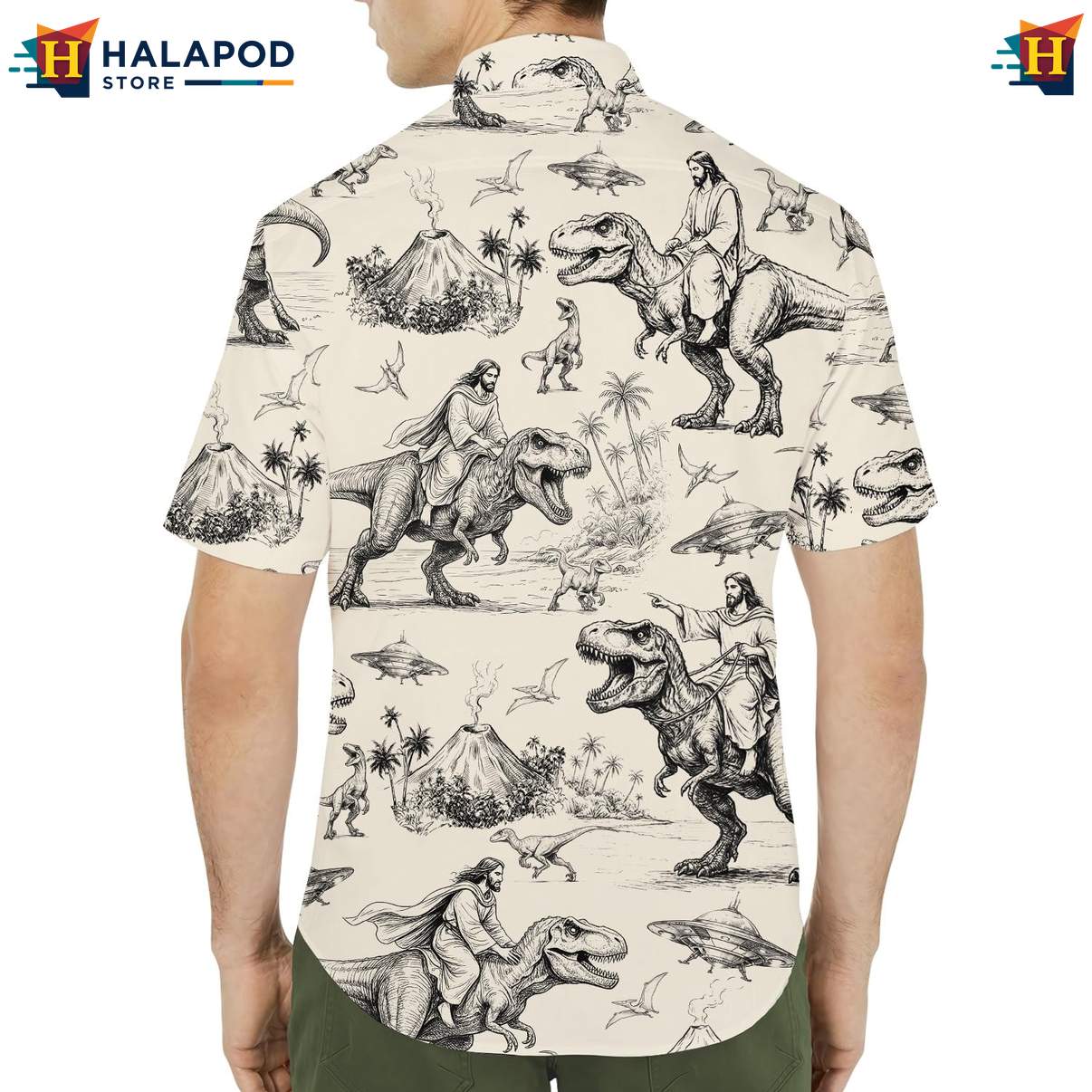 Funny T Rex Short-sleeve button-up shirt, Beige Cartoon Dinosaur Design With Tropical Elements