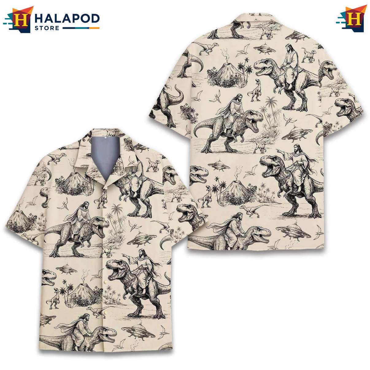 Funny T Rex Tropical Shirt, Beige Cartoon Dinosaur Design With Tropical Elements