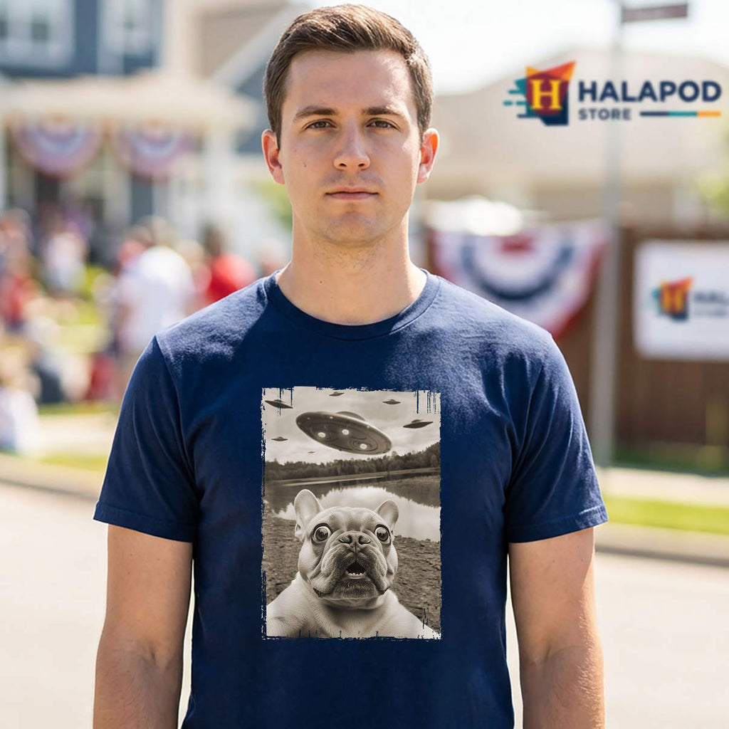 Funny UFO French Bulldog Shirt Alien Extraterrestrial Selfie Casual Graphic