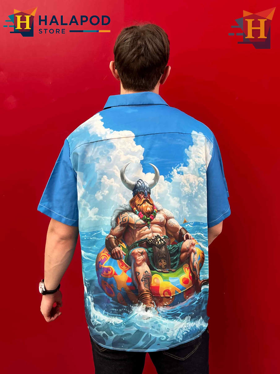 Funny Viking Hawaiian Shirt Bold Graphic Tropical Casual Beach Mens Shirt