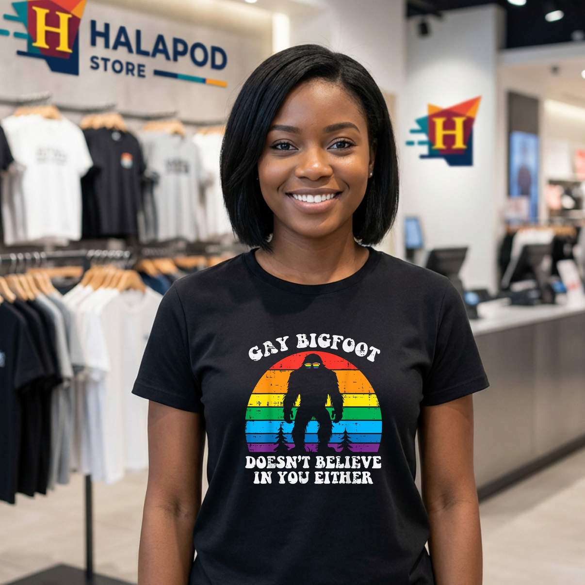 Gay Bigfoot Doesnt Believe Tee Shirt You Rainbow Pride Flag LGBTQ Graphic For Men