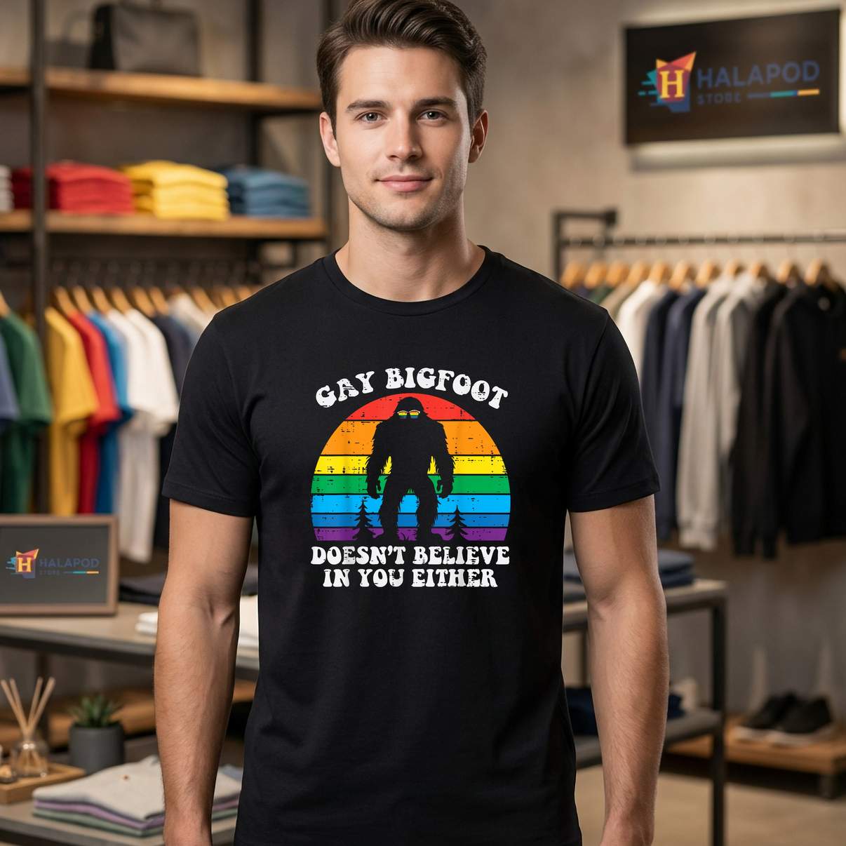 Gay Bigfoot Doesnt Believe TShirt You Rainbow Pride Flag LGBTQ Graphic For Men