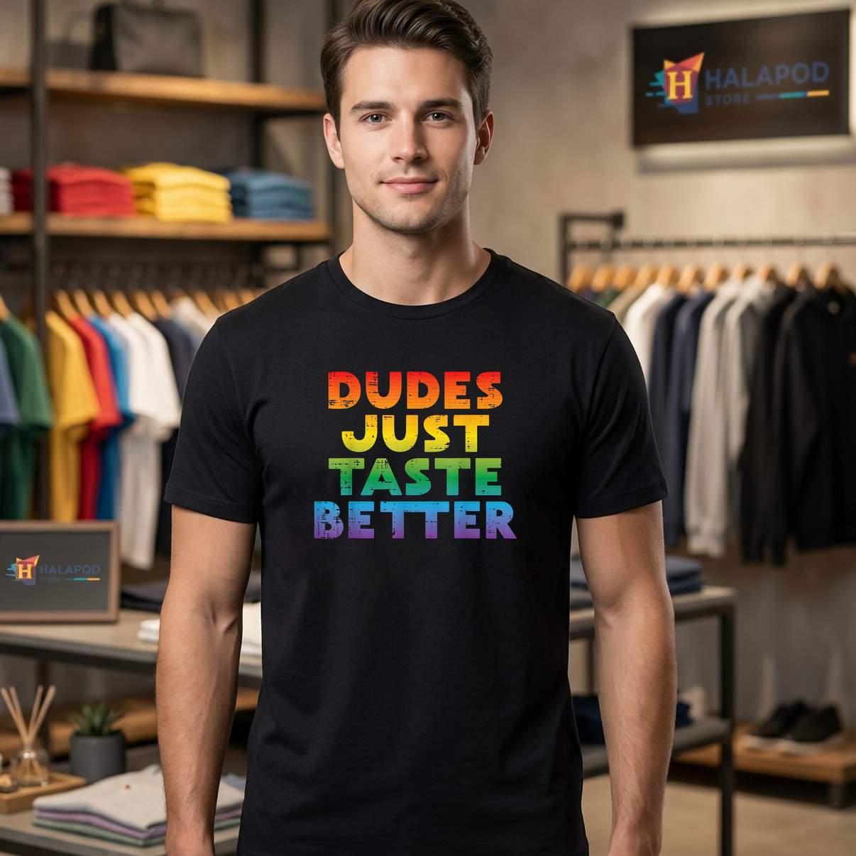 Gay Dudes Taste Better Tee Shirt Rainbow Pride Flag LGBTQ Funny Meme Graphic Men
