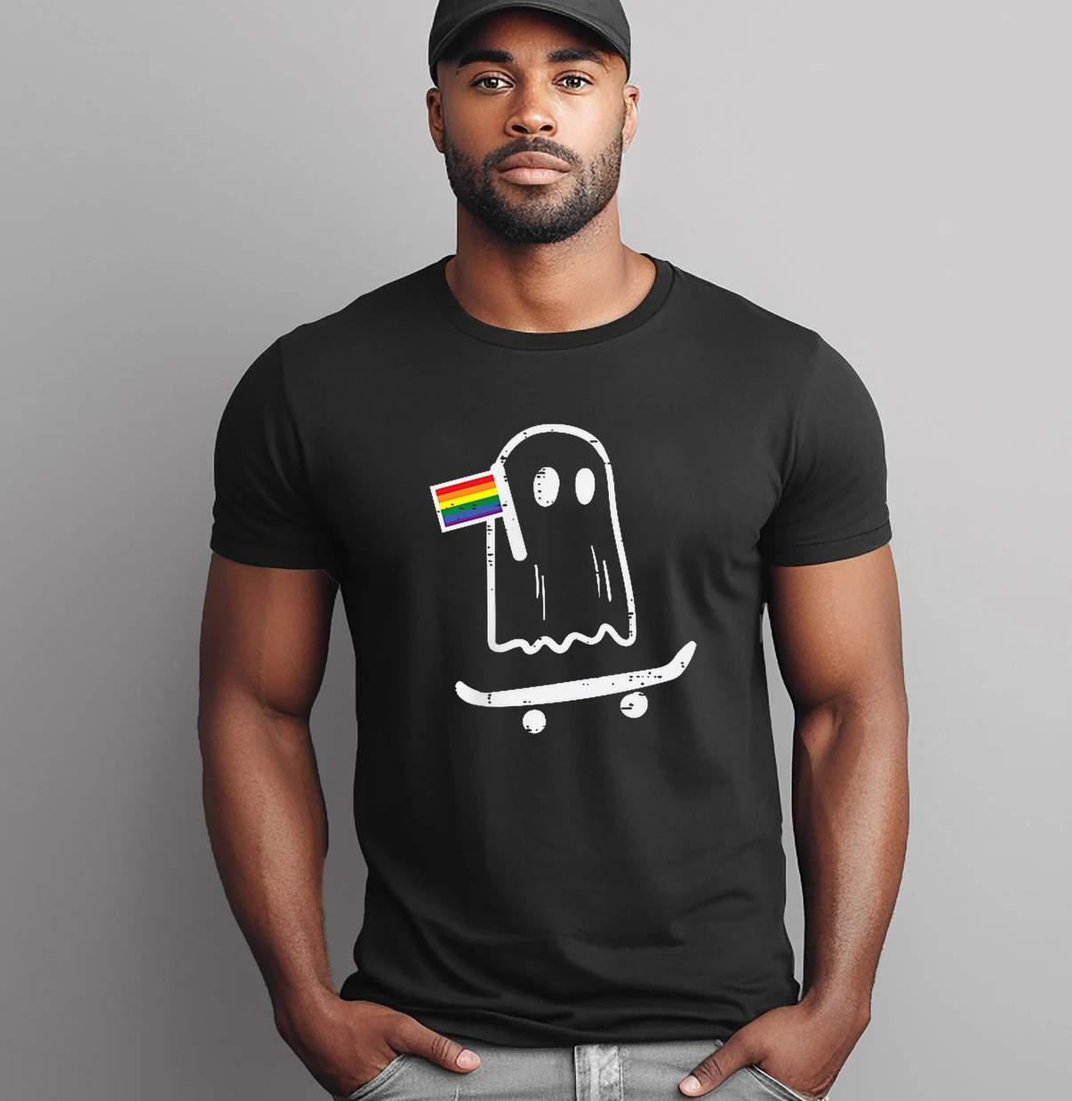 Gay Ghost Skateboard Shirt Rainbow Flag LGBT Pride Skate Graphic Design Women