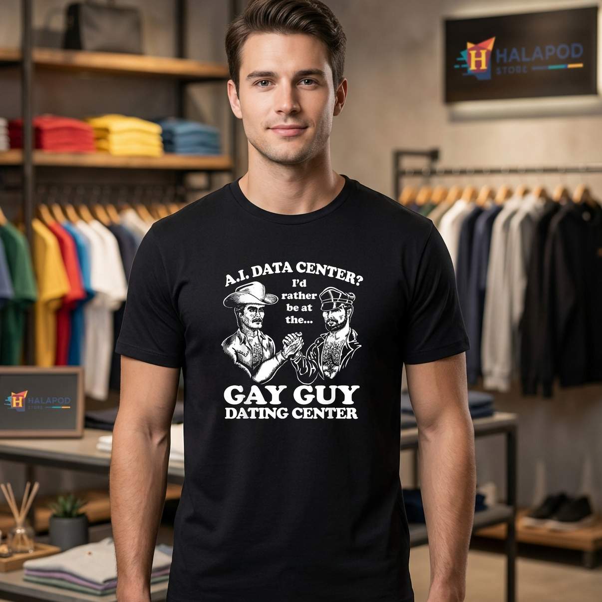 Gay Guy Dating Center Humor Shirt Funny AI Data Meme Graphic For Mens