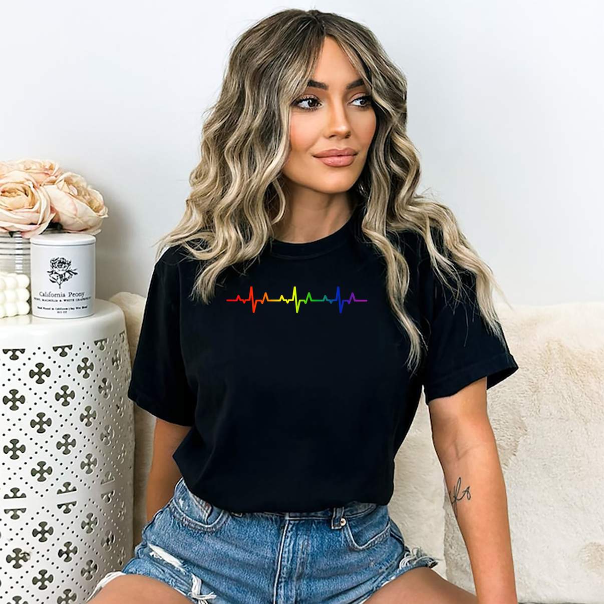 Gay Heartbeat Pride TShirt Rainbow Flag LGBTQ Funny Meme Graphic Design For Men