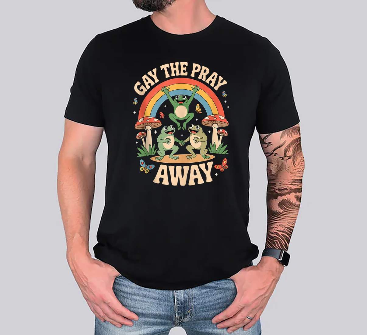Gay Pray Away LGBT Pride T-Shirt Rainbow Funny Meme Frogs LGBTQ Graphic For Men