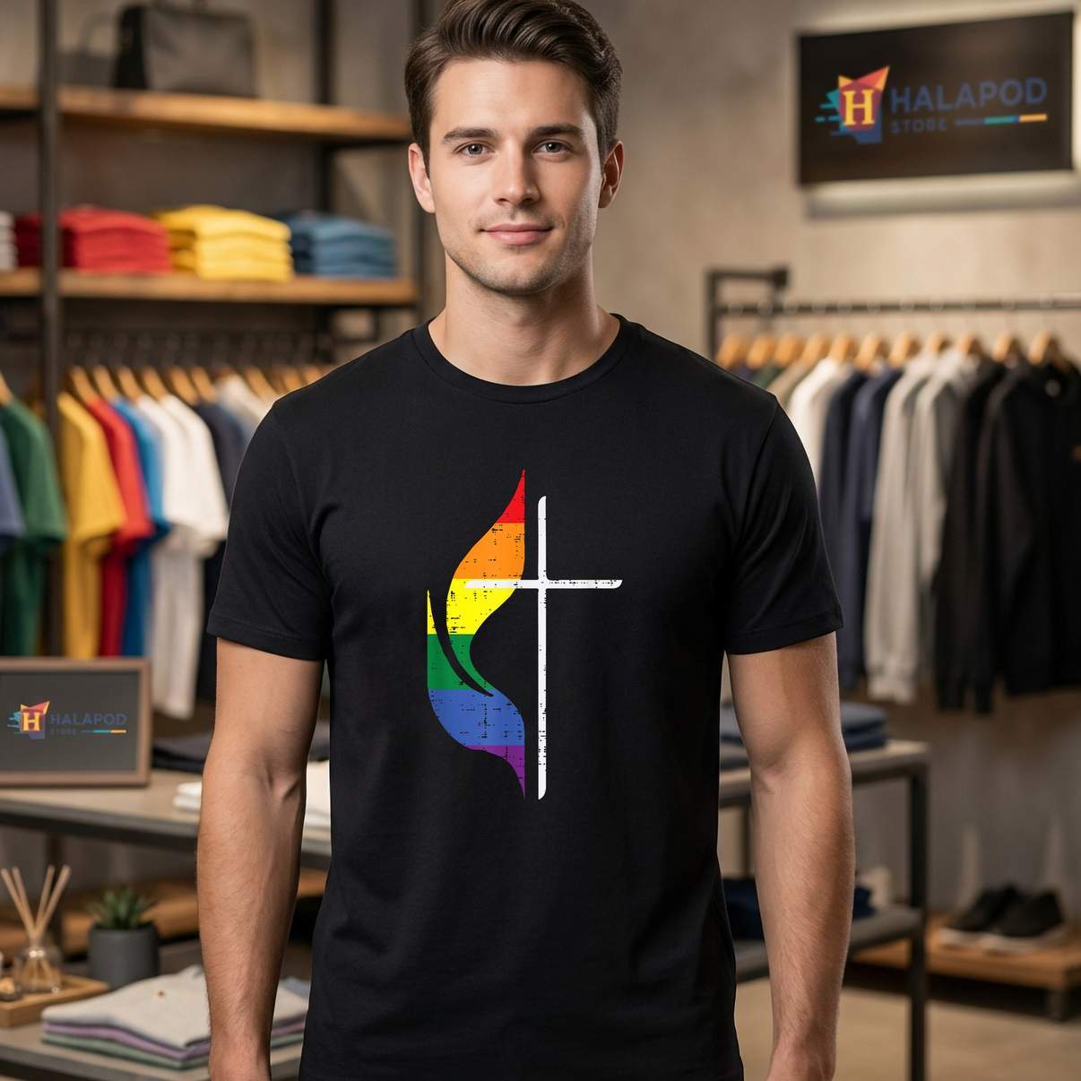 Gay Pride Cross Christian Tee Shirt Month LGBTQ Ally Rainbow Graphic Design Women