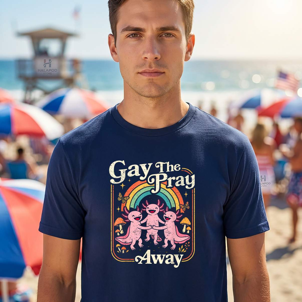 Gay The Pray Away Axolotl Tee Shirt Pride Rainbow Queer LGBTQ Graphic Design Mens