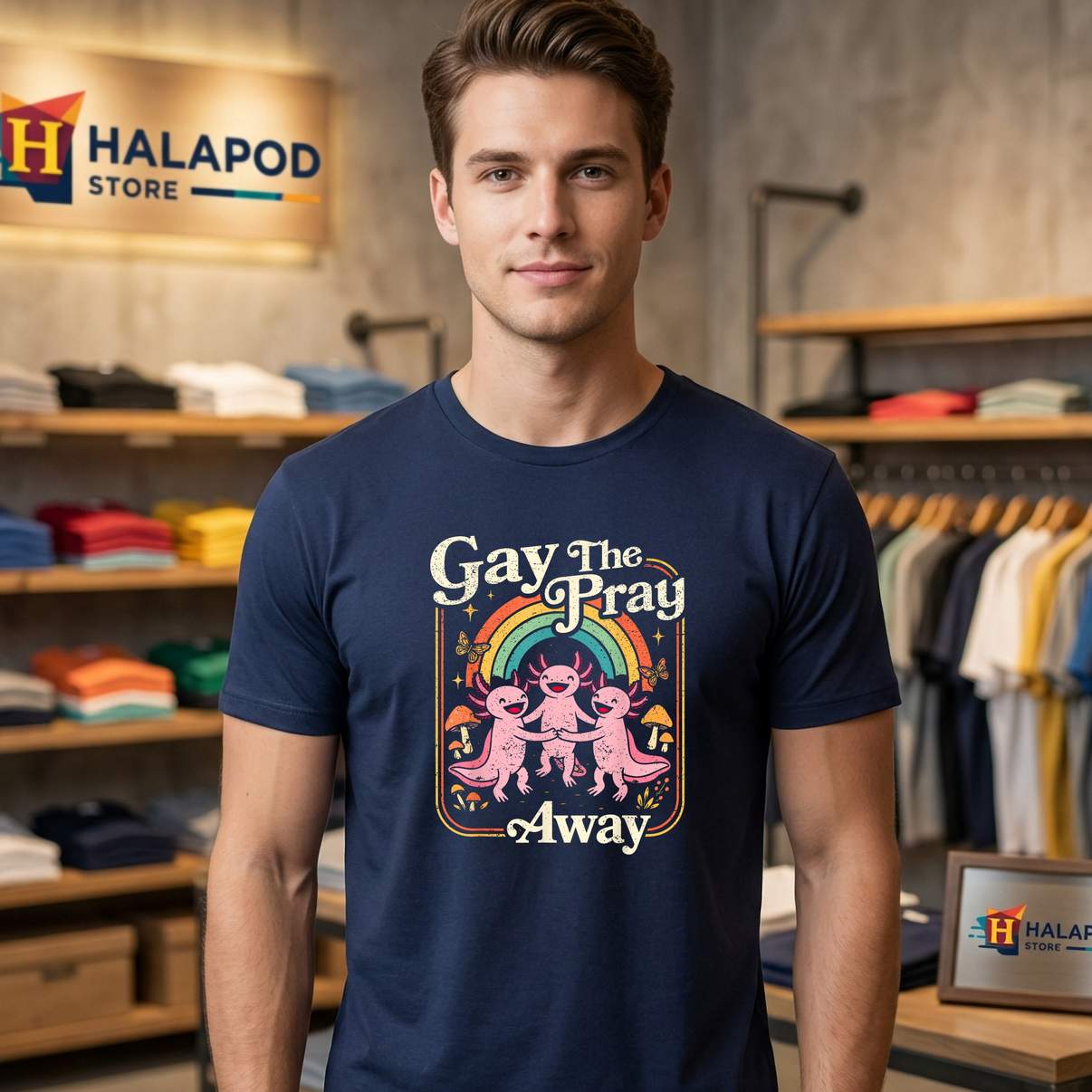 Gay The Pray Away Axolotl T-Shirt Pride Rainbow Queer LGBTQ Graphic Design Mens