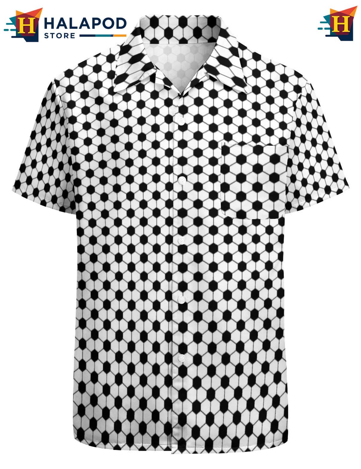 Geometric Soccer Pattern Hawaiian Shirt, Black And White Tropical Button Up Shirt For Casual Wear