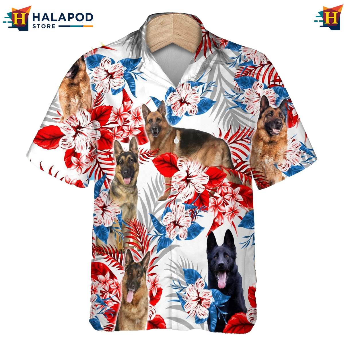 German Shepherd Dog Hawaiian Shirt Tropical Leaf Aloha Button Down For Mens