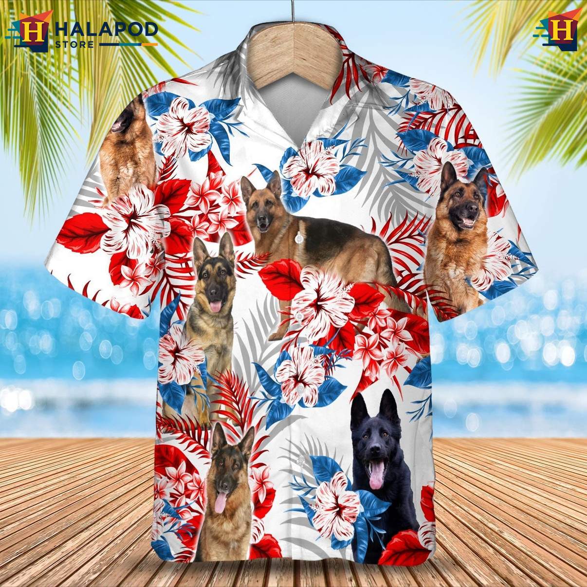 German Shepherd Dog Short-sleeve button-up shirt Tropical Leaf Aloha Button Down For Mens
