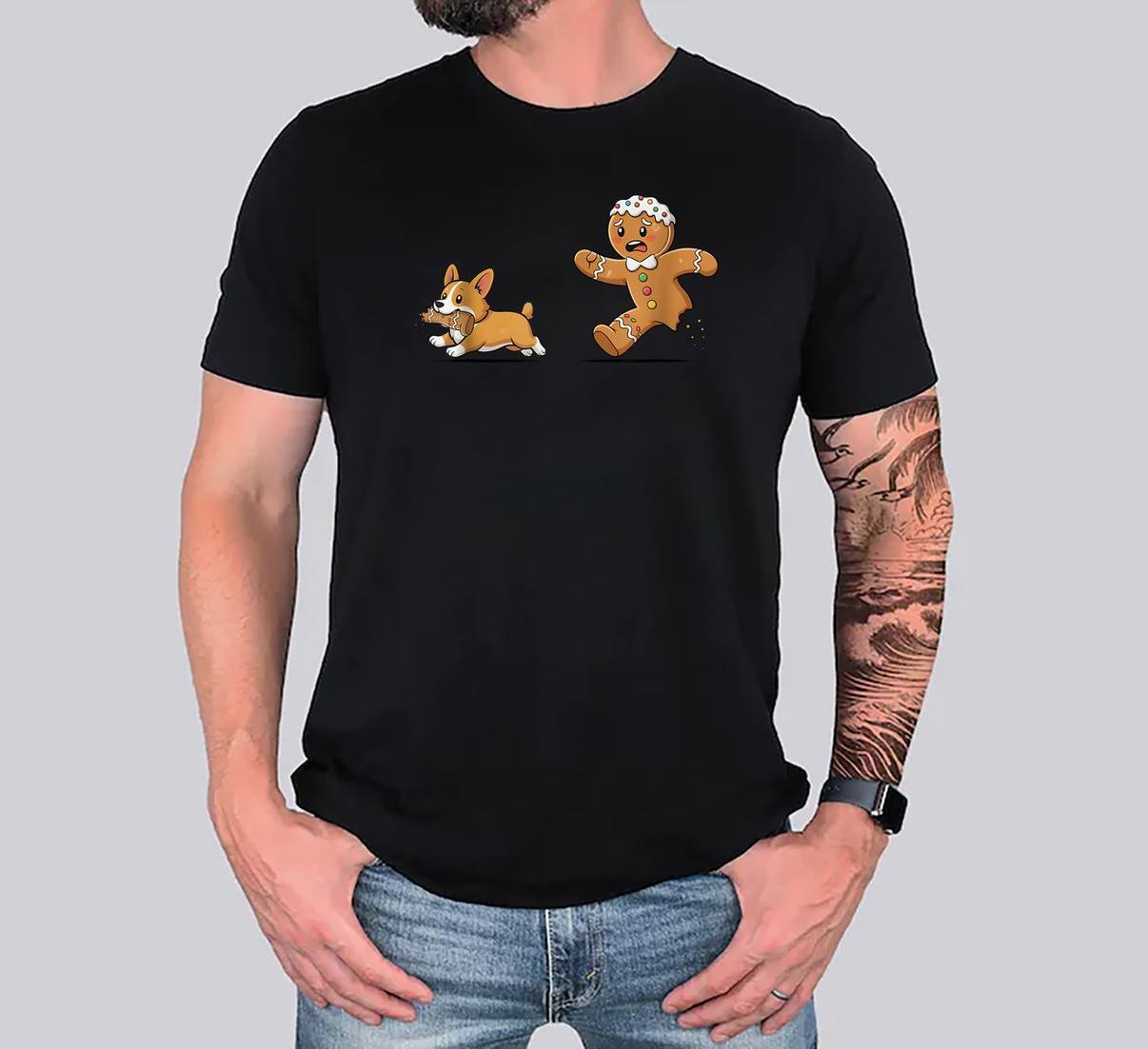 Gingerbread Cookie Chasing T-Shirt Corgi Christmas Dog Mom Pet Lover Mens