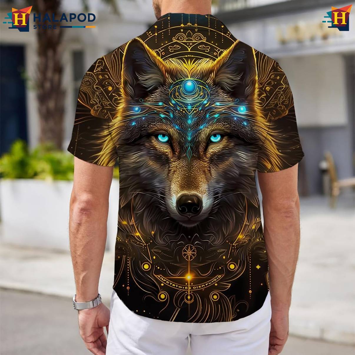 Gold Wolf Tropical Aloha Shirt Mens Short Sleeve Floral Button Down Mens