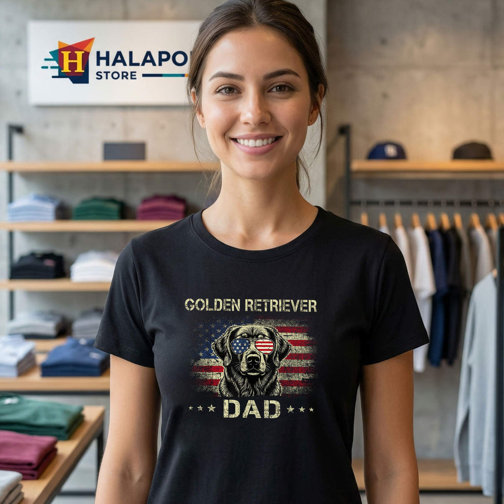 Golden Retriever Dad Shirt Vintage American Flag 4th Of July Casual Graphic
