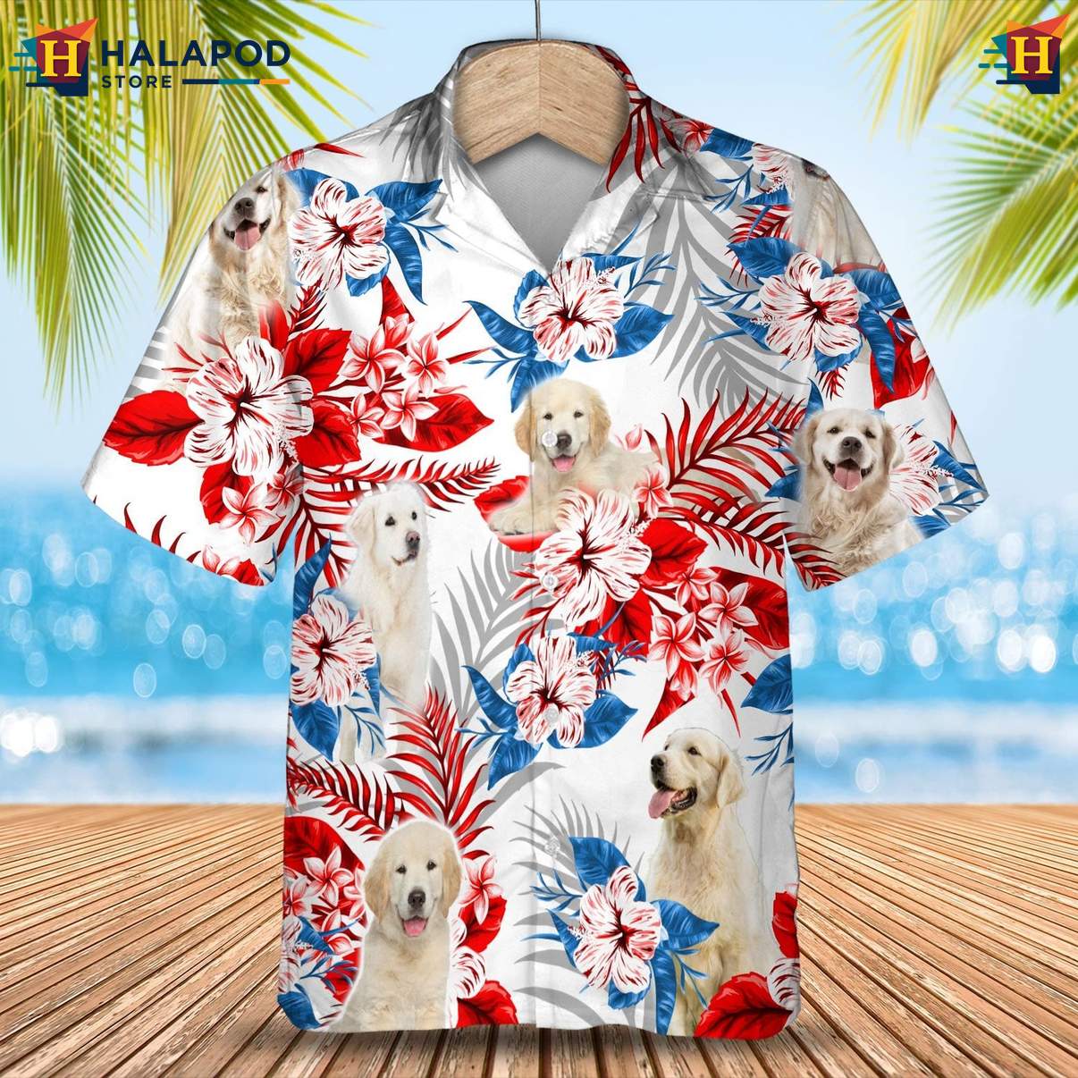 Golden Retriever Dog Short-sleeve button-up shirt Tropical Leaf Aloha Button Down For Mens
