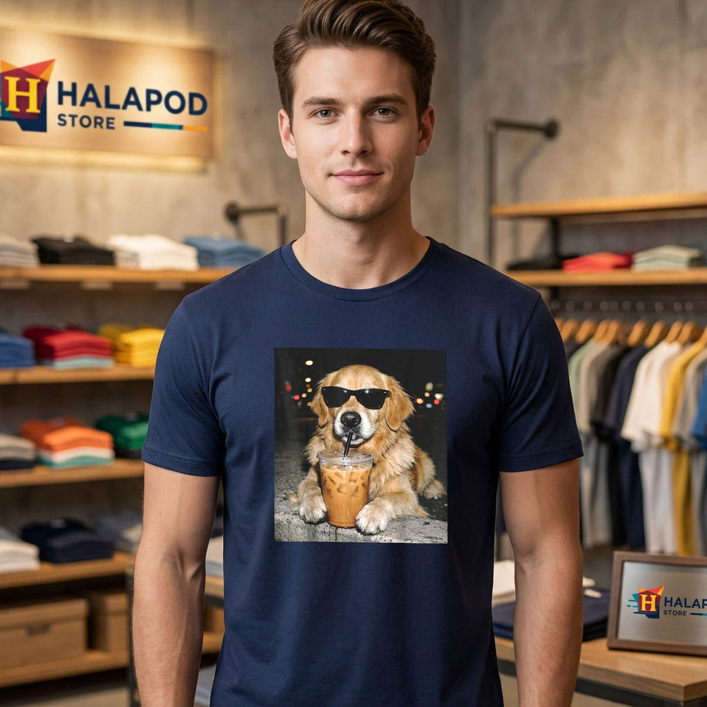 Golden Retriever Drinking Iced Coffee Shirt Funny Dog Meme Graphic Novelty