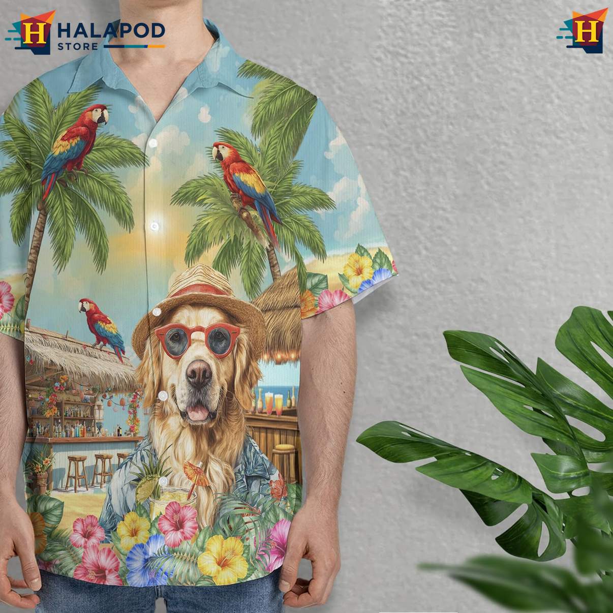 Golden Retriever Aloha Shirt Funny Dog Pattern Mens Summer Beach Clothing