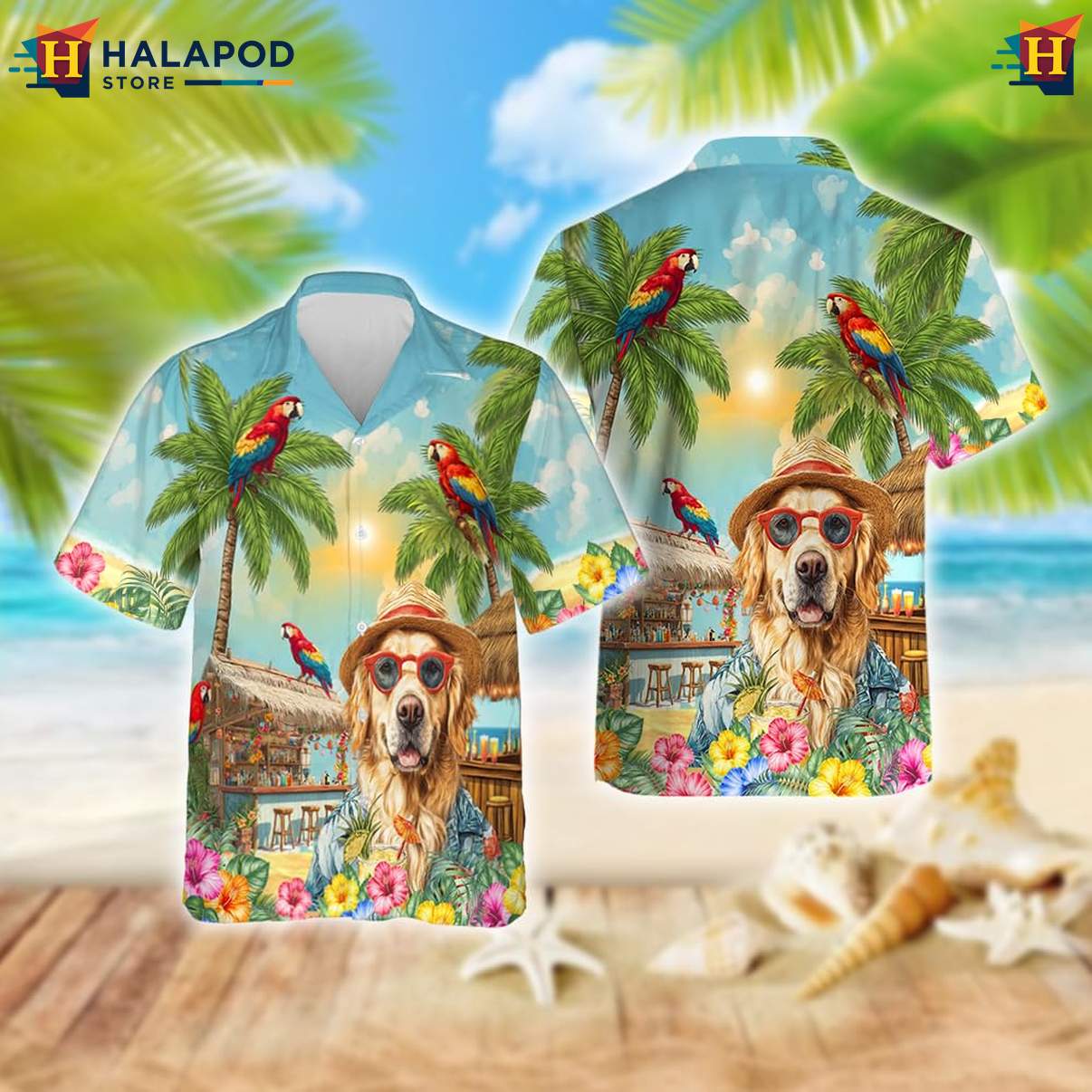 Golden Retriever Tropical Shirt Funny Dog Pattern Mens Summer Beach Clothing