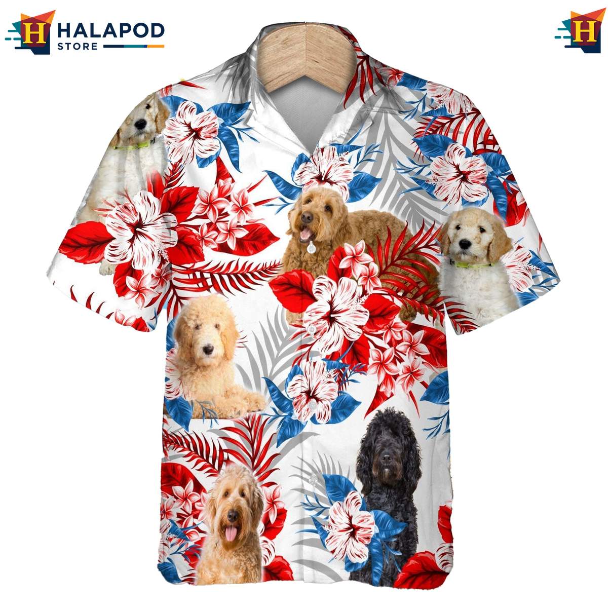 Goldendoodle Dog Tropical Aloha Shirt Mens Hawaiian Leaf Button Down Wear