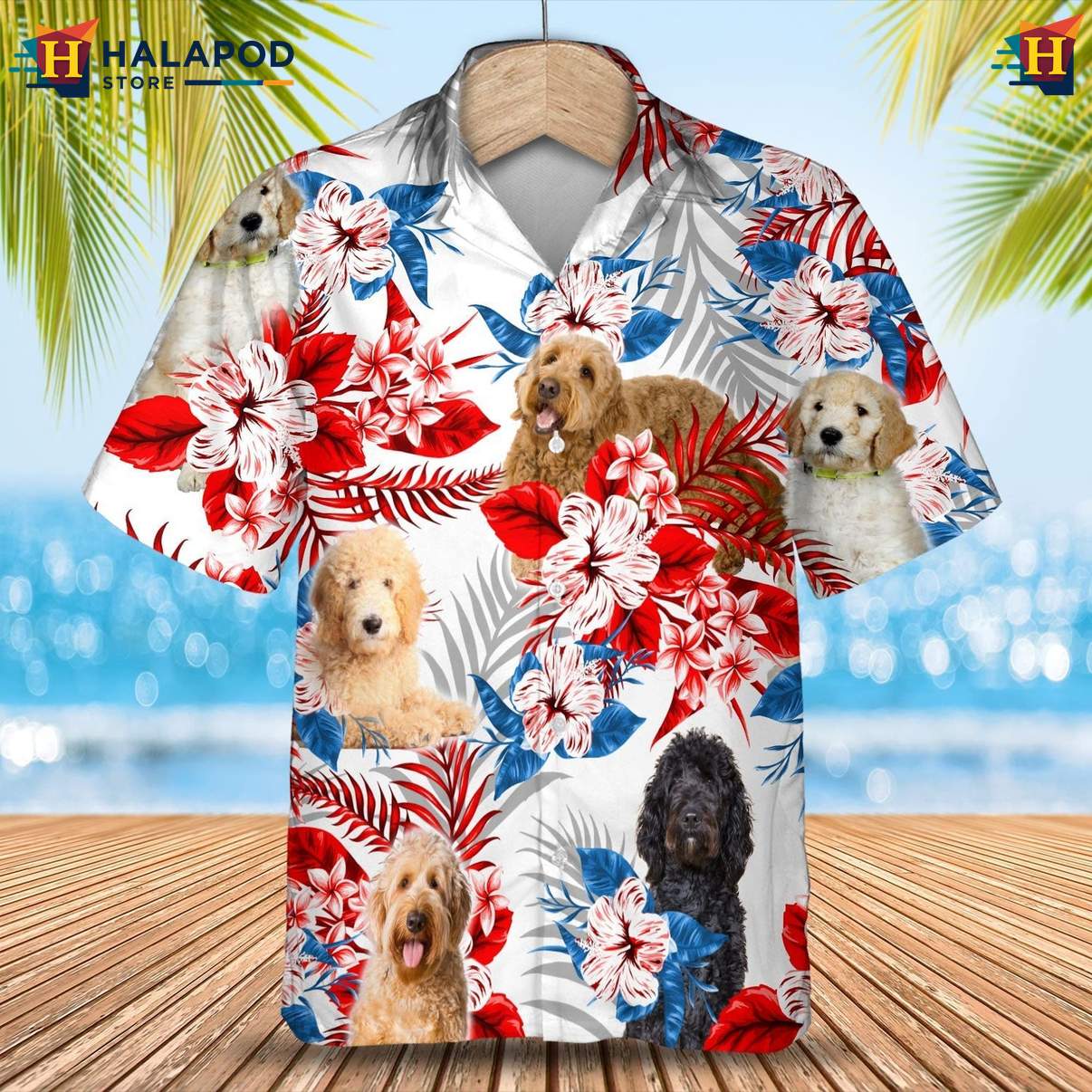 Goldendoodle Dog Tropical Aloha Tee Shirt Mens Hawaiian Leaf Button Down Wear