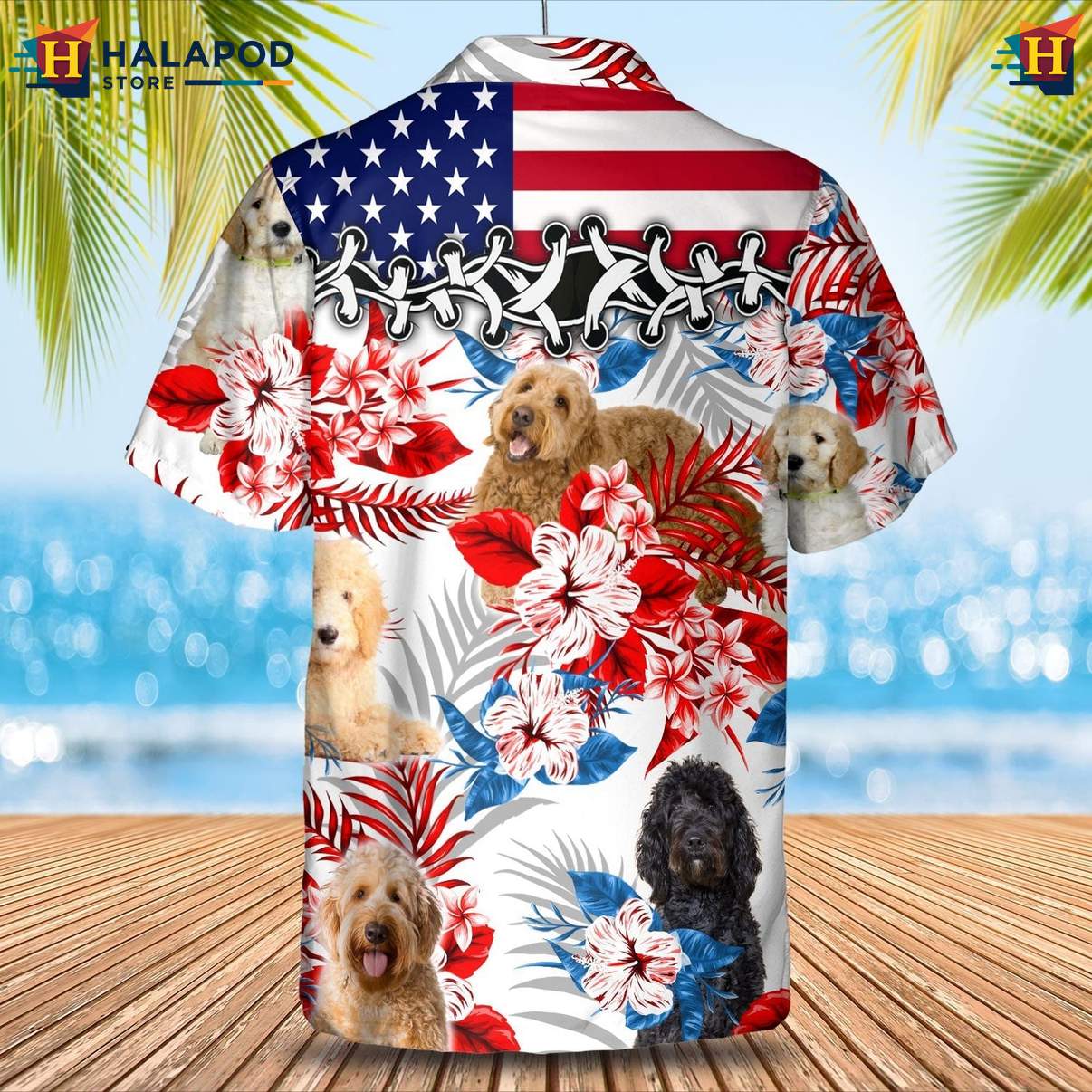 Goldendoodle Dog Tropical Aloha T-Shirt Mens Hawaiian Leaf Button Down Wear
