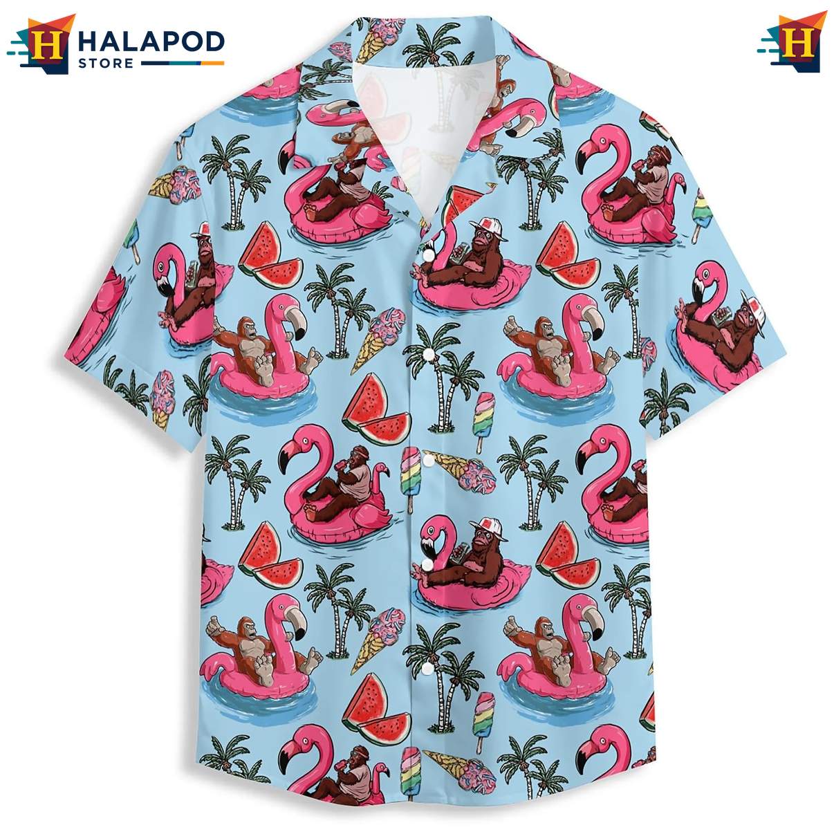 Gorilla Flamingo Summer Print Shirt Tropical Hawaiian Short Sleeve Tops