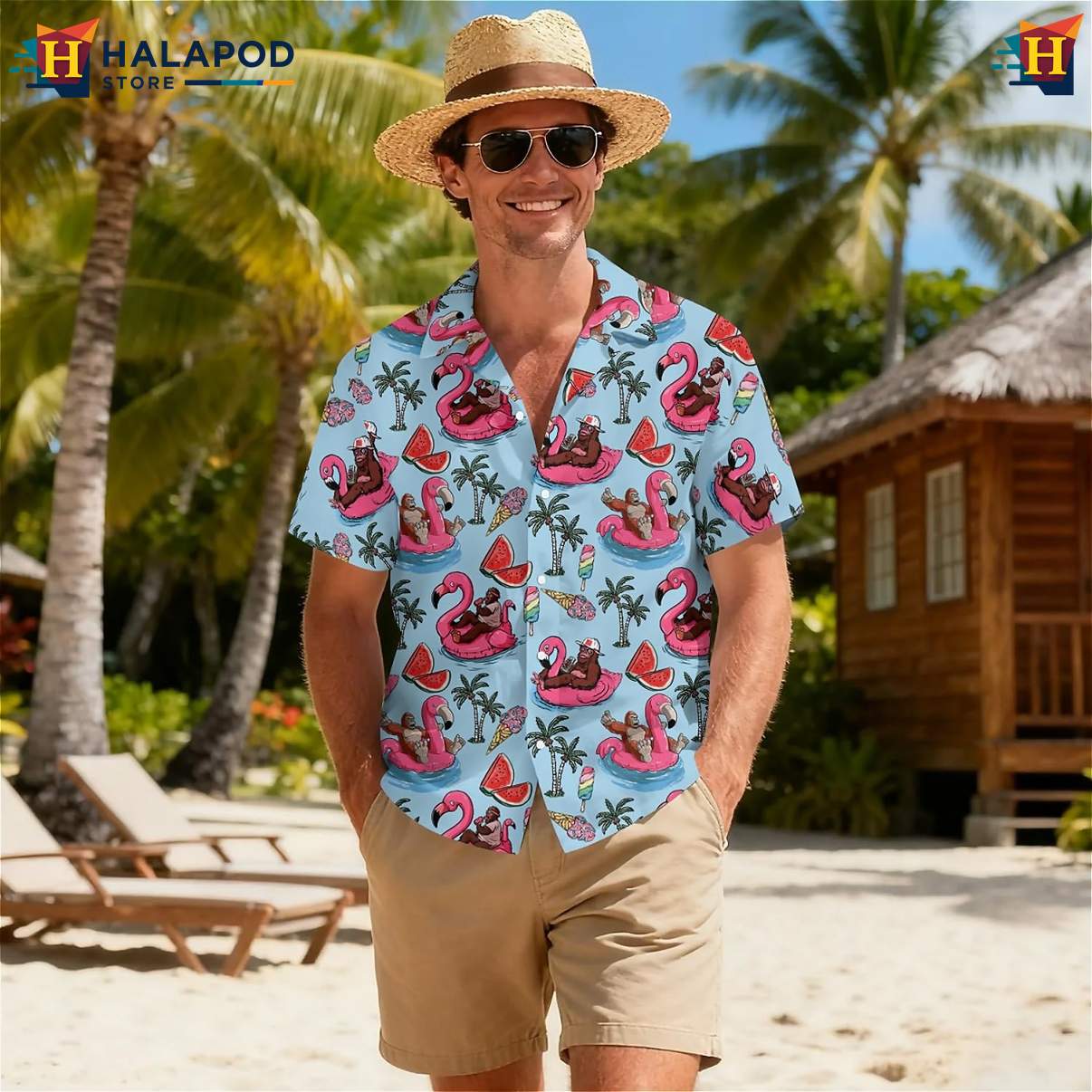 Gorilla Flamingo Summer Print Tee Shirt Tropical Hawaiian Short Sleeve Tops