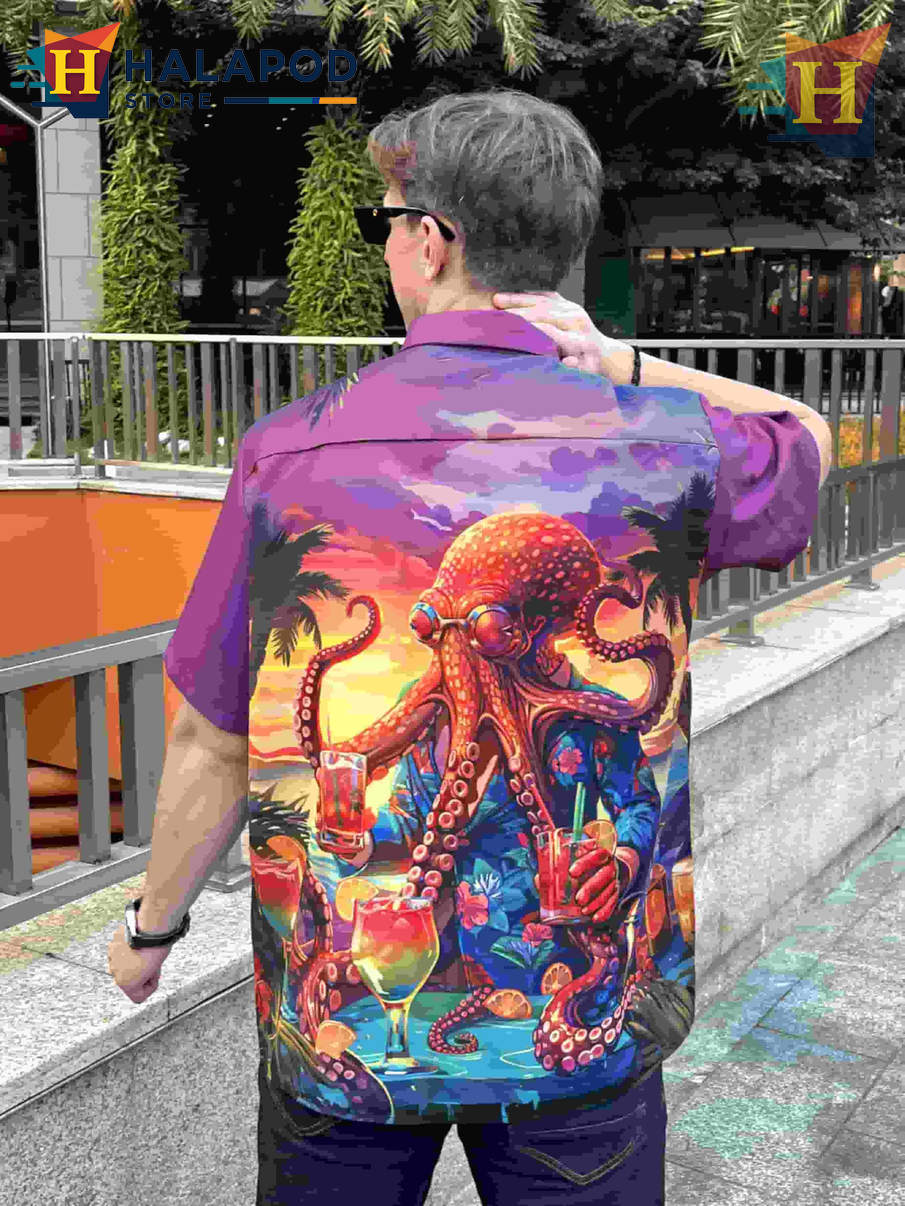 Graphic Octopus Hawaiian Shirt Funny Novelty Tropical Casual Beach Mens Shirt