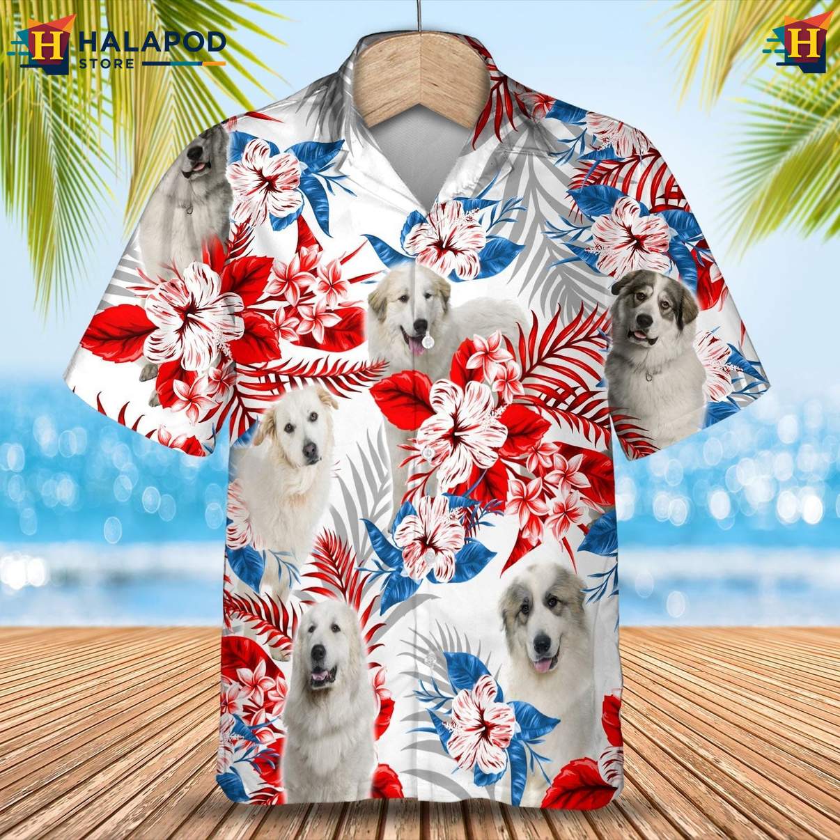 Great Pyrenees Dog Short-sleeve button-up shirt Tropical Leaf Aloha Button Down For Men