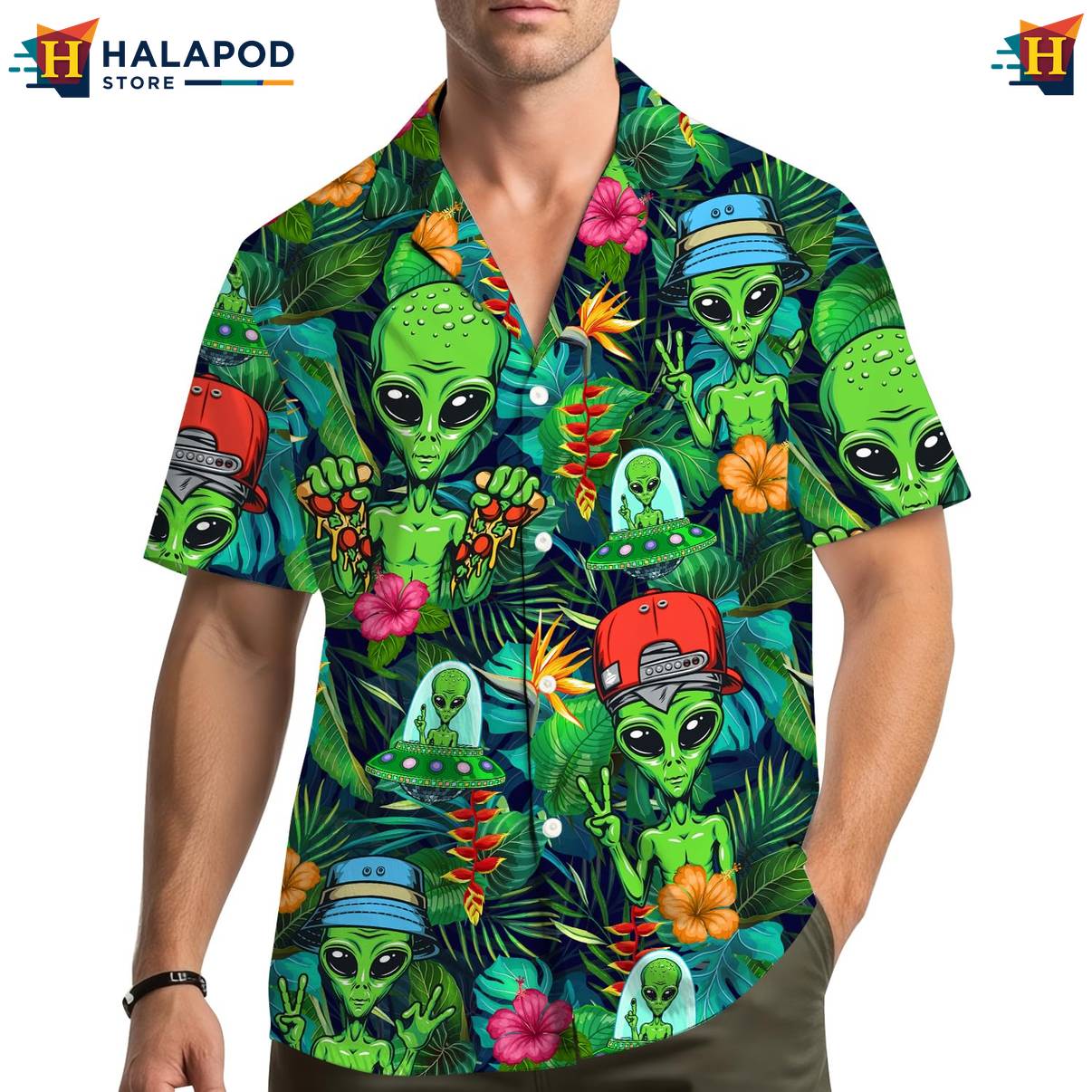 Green Alien Funny Short-sleeve button-up shirt UFO Short Sleeve Button Down Summer Tops