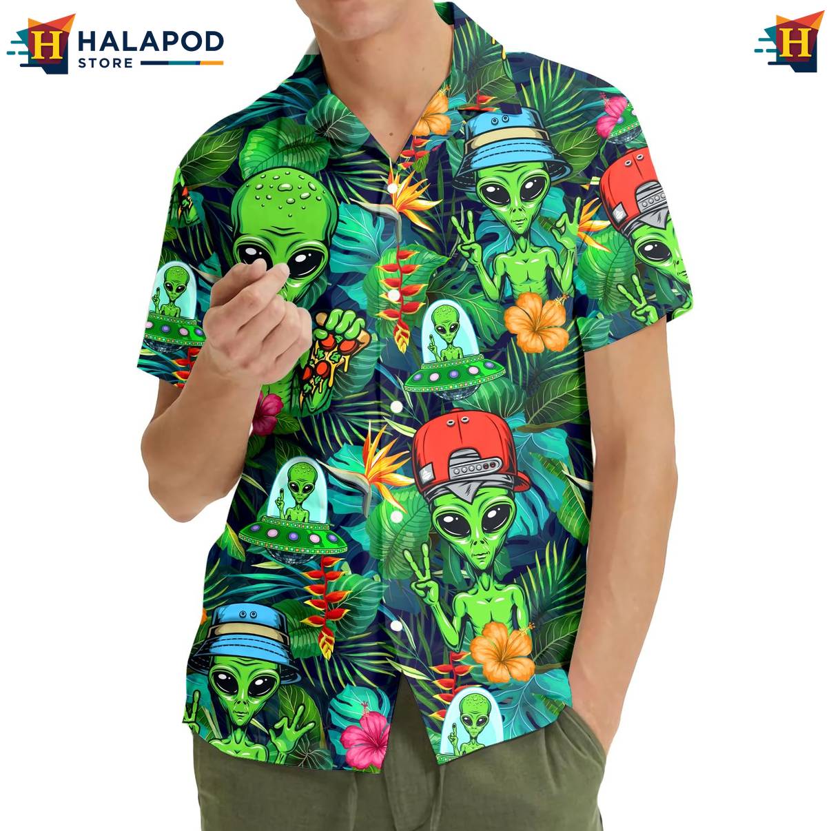 Green Alien Funny Aloha Shirt UFO Short Sleeve Button Down Summer Tops