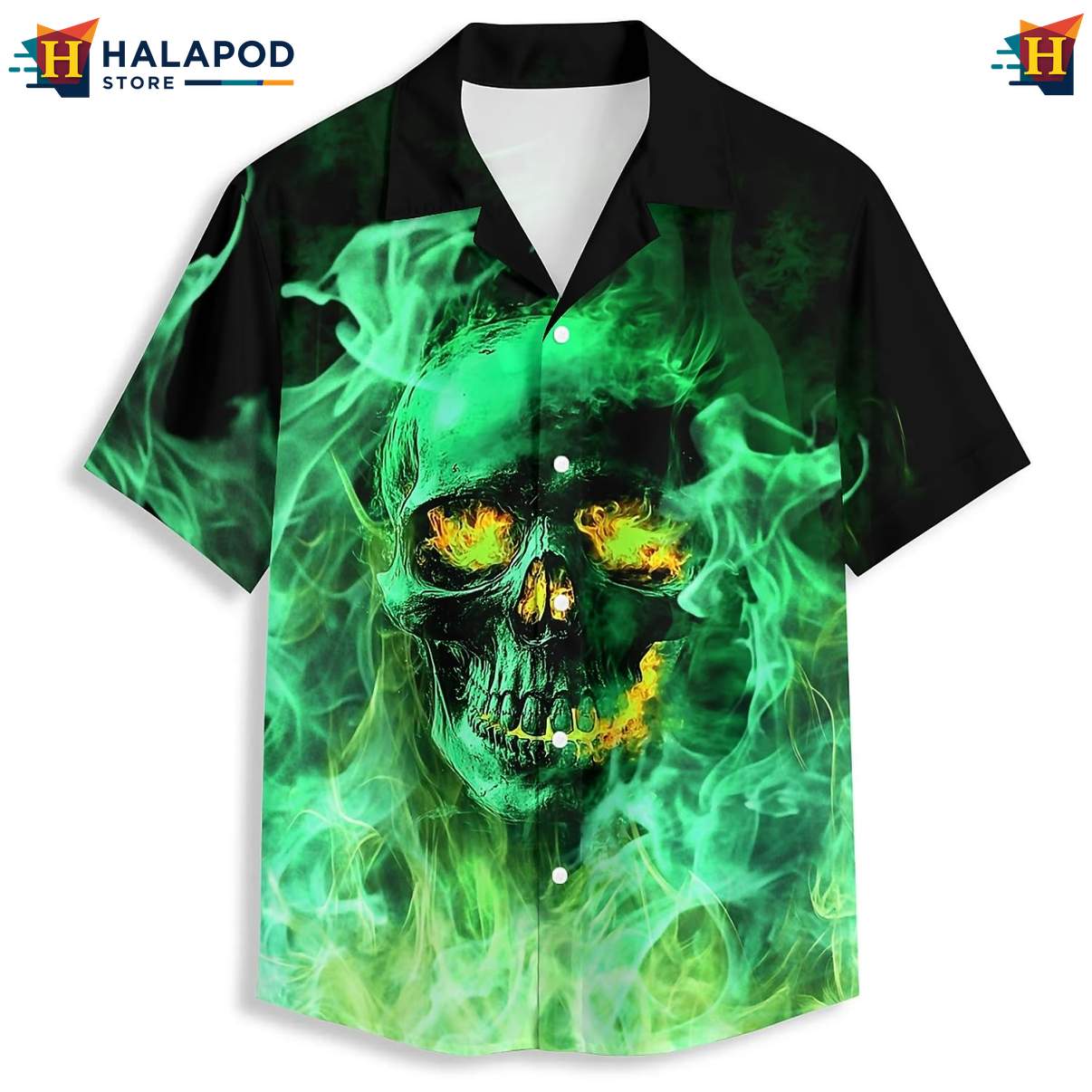 Green Flame Skull Tropical Hawaiian Shirt Short Sleeve Floral Beach Tops