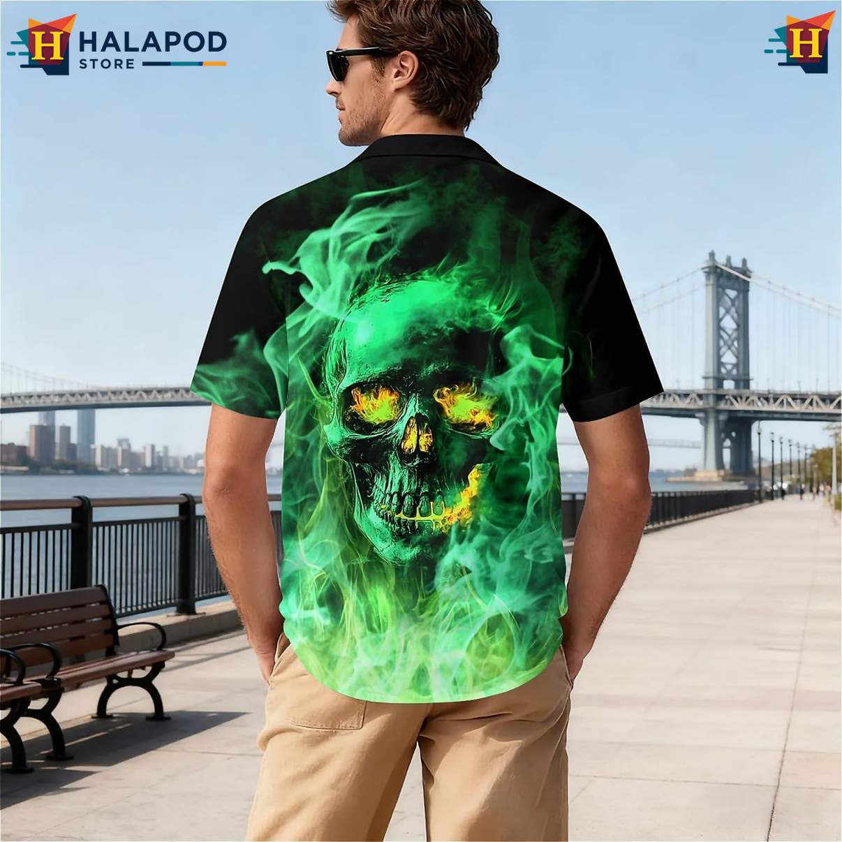 Green Flame Skull Tropical Tropical Shirt Short Sleeve Floral Beach Tops