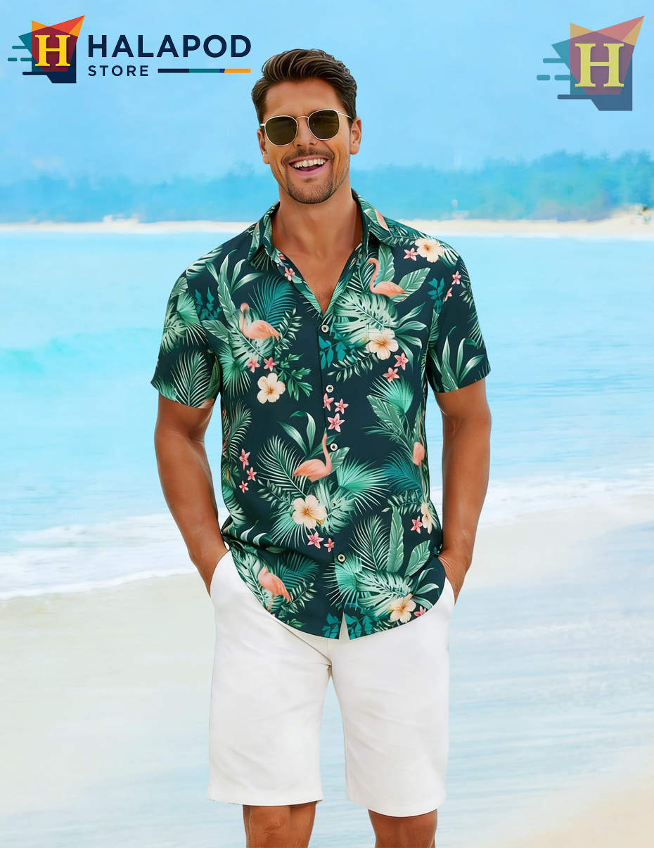 Green Flamingo Hawaiian Shirt Tropical Summer Beach Casual Vacation Mens Shirt