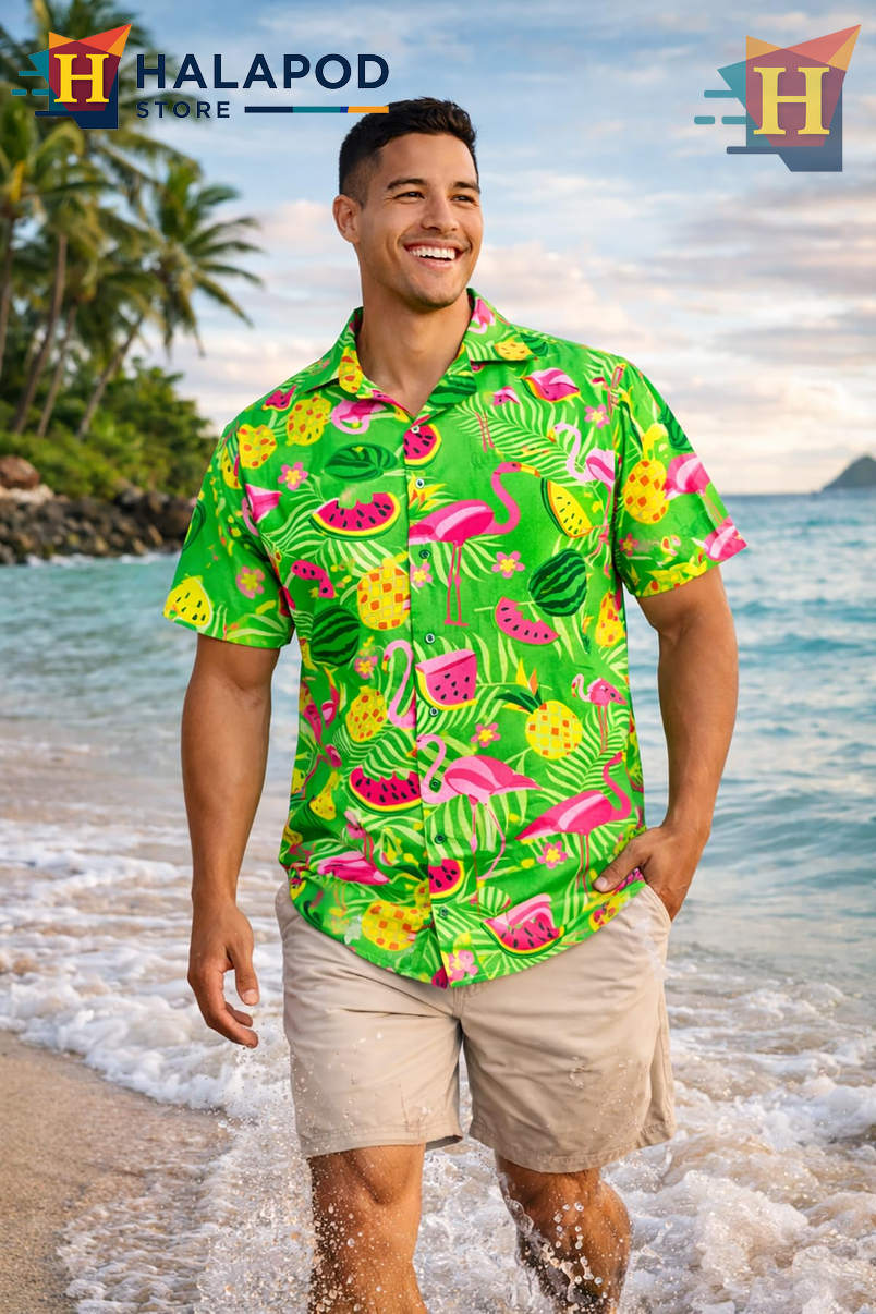 Green Flamingo Melon Hawaiian Shirt Tropical Summer Beach Casual Mens Shirt