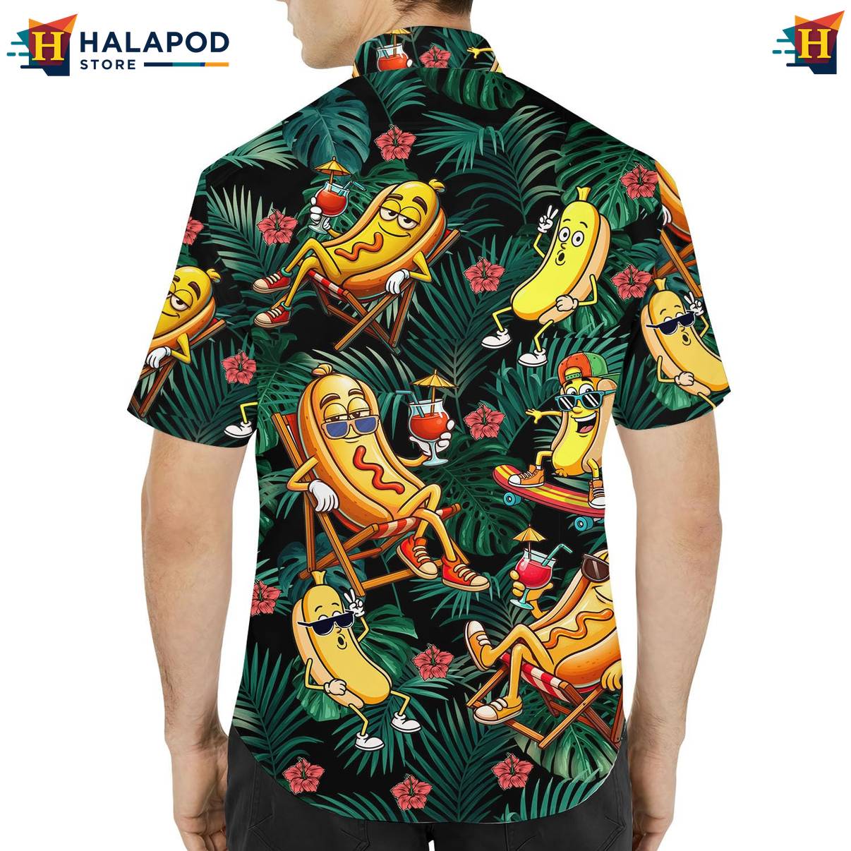 Green Hot Dog Funny Short-sleeve button-up shirt Alien UFO Short Sleeve Button Down Mens