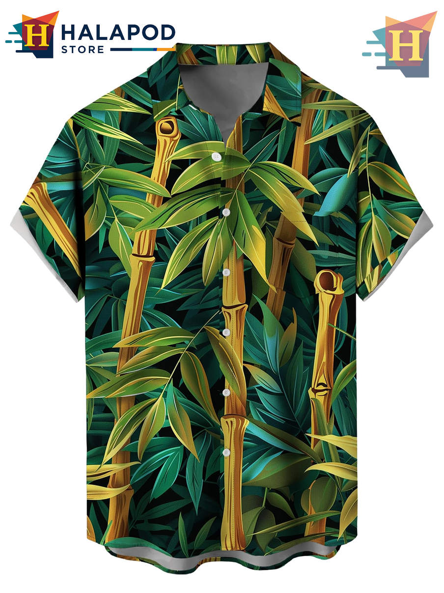Green Leaves Hawaiian Shirt Tropical Holiday Casual Summer Beach Mens Apparel